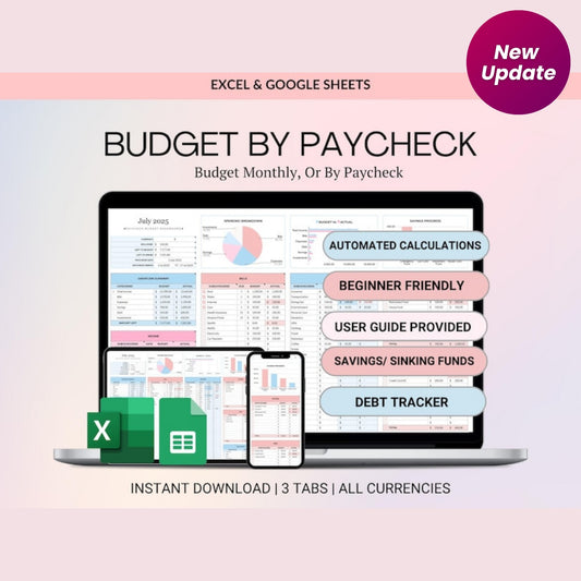 Budget By Paycheck Google Sheets & Excel Spreadsheet | Monthly Paycheck Budget | Simple Budget Planner | Expense Tracker | Financial Organizer