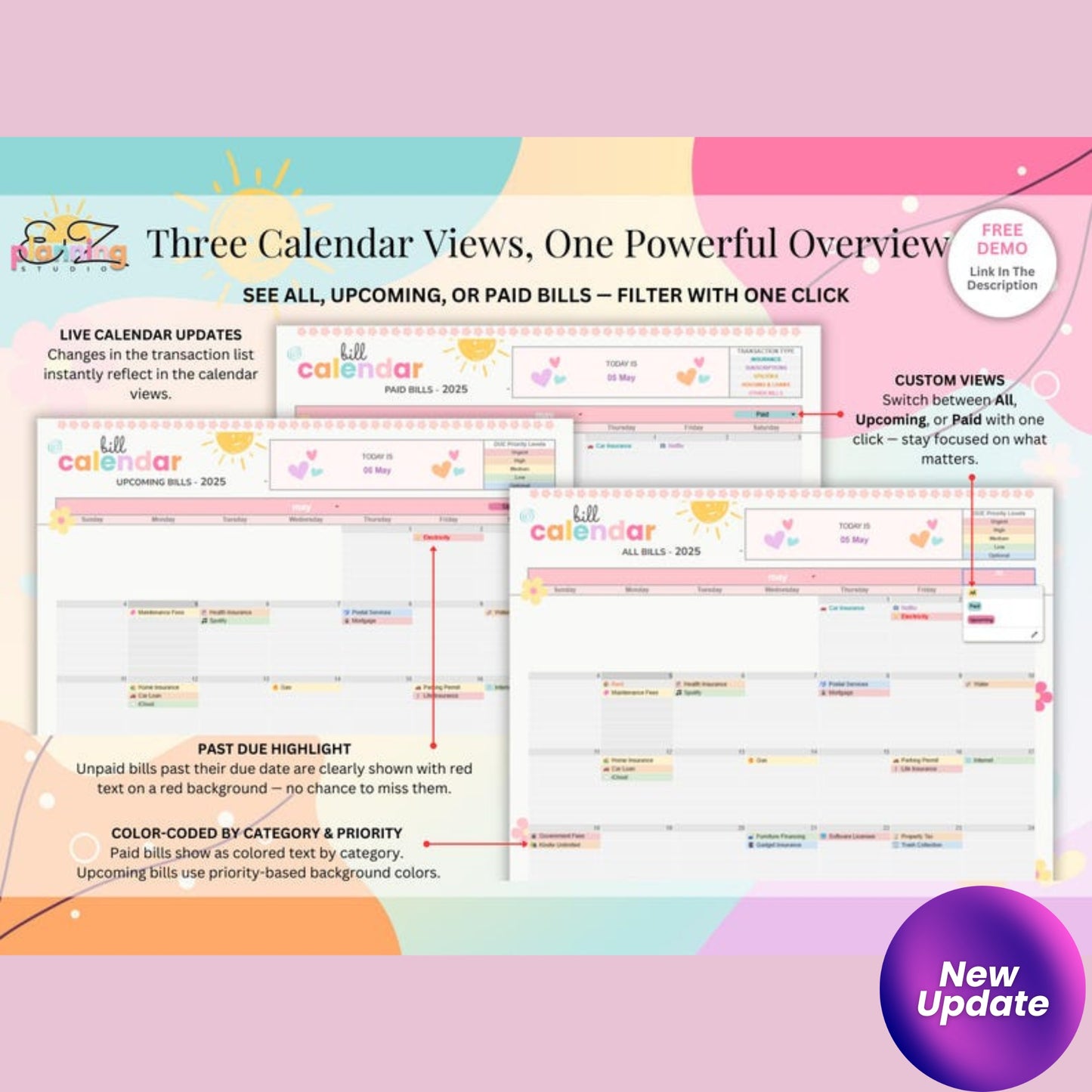 Ongoing Monthly Bill Spreadsheet – Colorful Google Sheets Budget Tracker | No Annual Reset | ADHD & Beginner Friendly