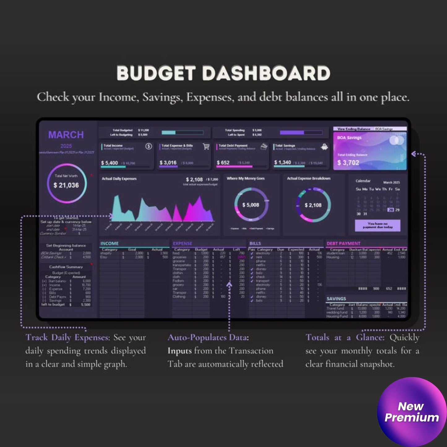 Simple Budget Planner Spreadsheet | Income & Expense Tracker | Google Sheets & Excel | Dashboard, Savings & Debt Tracker