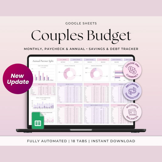 Couples & Family Budget Spreadsheet Google Sheets | Annual Budget Planner | Shared Expenses Split Bills Tracker | Partner Finance & Paycheck Planner