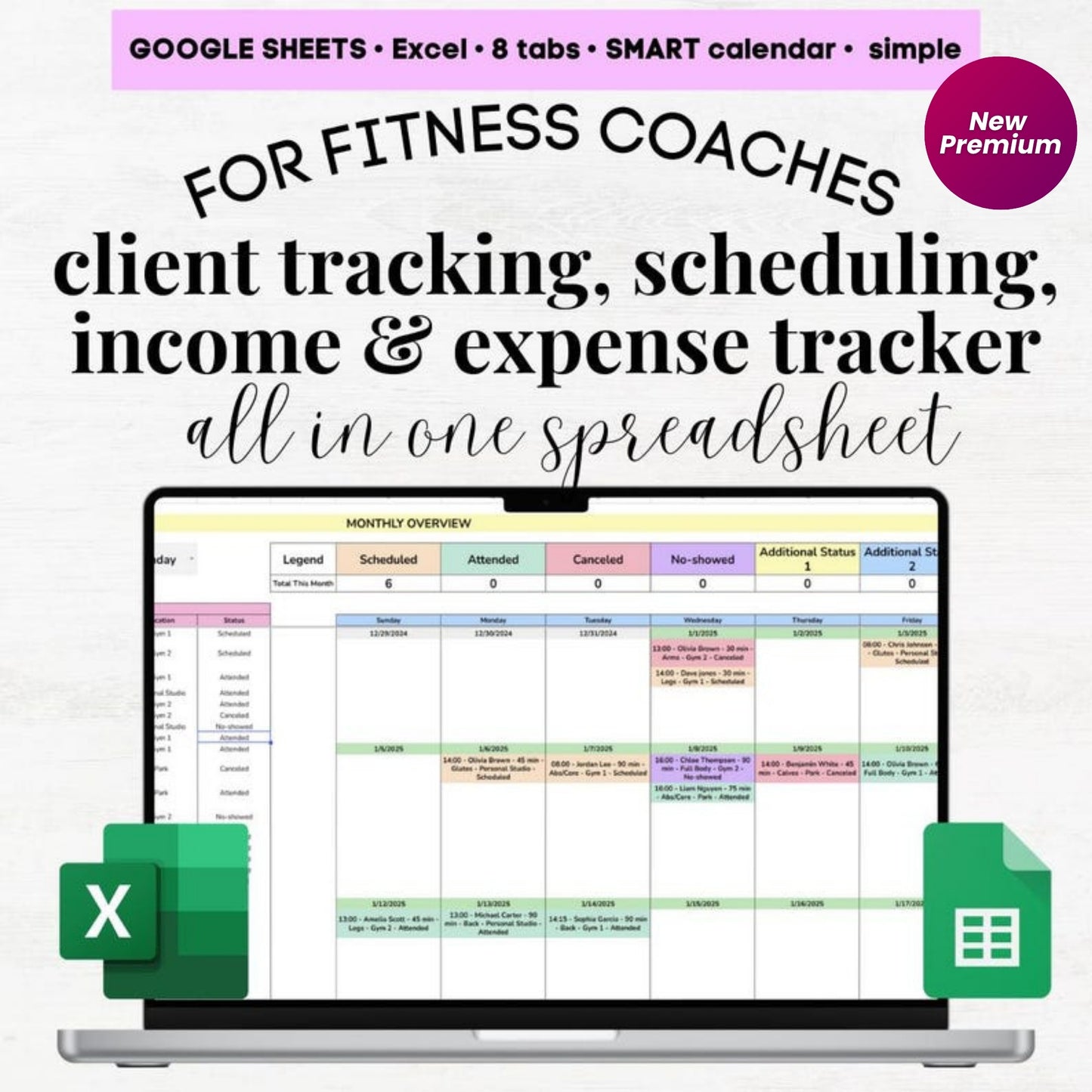 Personal Trainer Client Tracker Calendar | Fitness Coach Spreadsheet | Personal Training Excel & Google Sheets Template