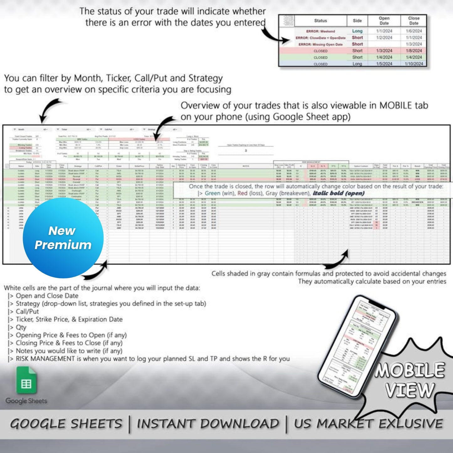 Option Trading Journal Spreadsheet | Google Sheets | Long Call/Put Trades Tracker | Performance & PnL Calendar | Risk Management