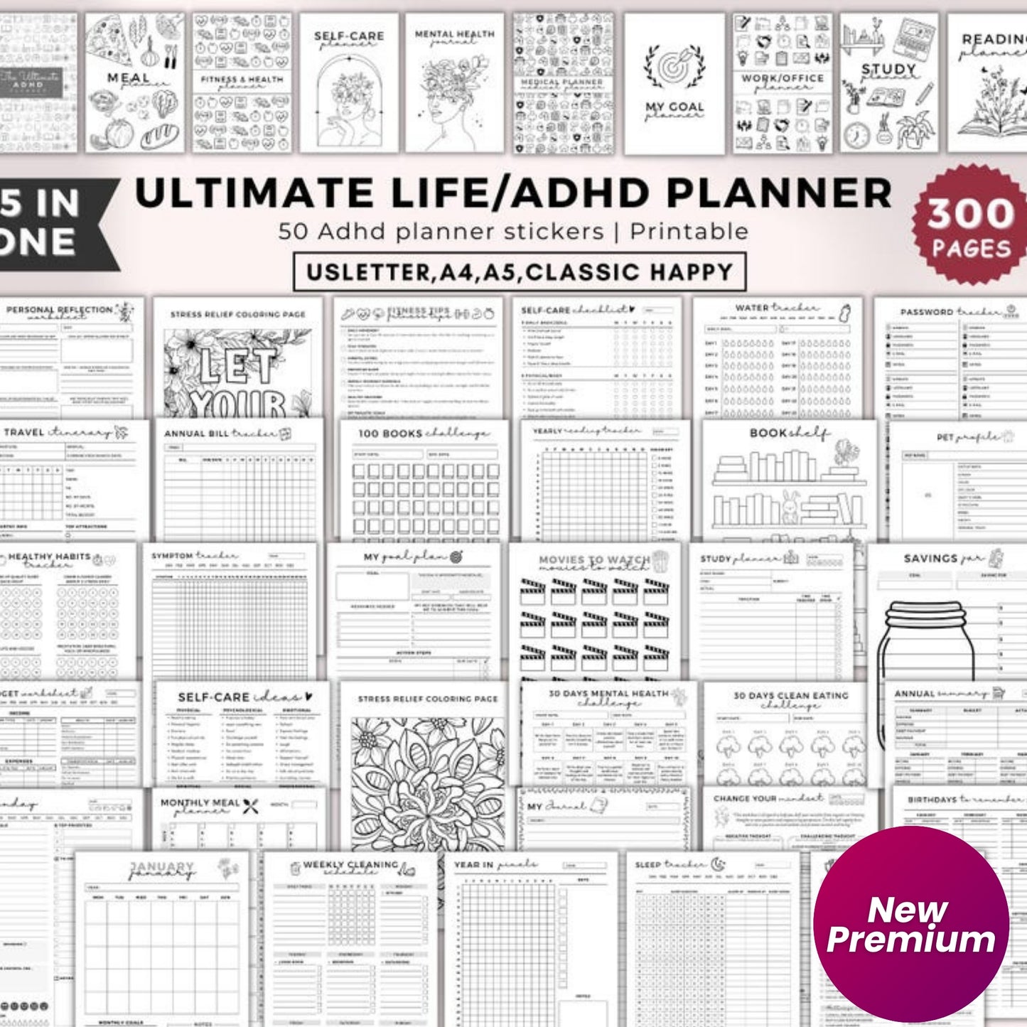 Mega ADHD Life Planner Bundle 2025 | 15-in-1 Printable A4 A5 Inserts | Productivity, Wellness, Goal, Budget & More | 300+ Pages