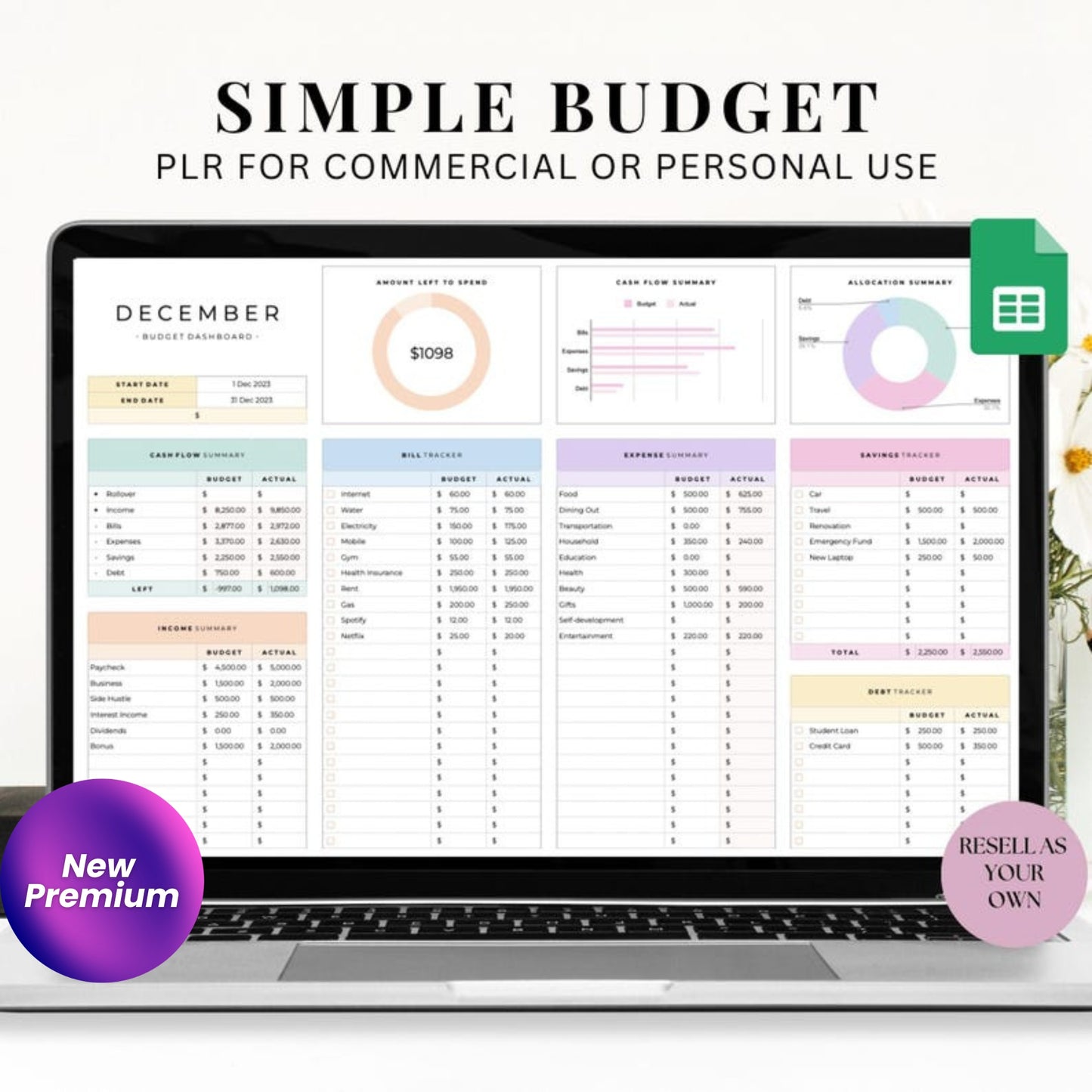 PLR Simple Budget Spreadsheet – Monthly Budget for Google Sheets | Personal Finance Tool | Money Management | Financial Planning