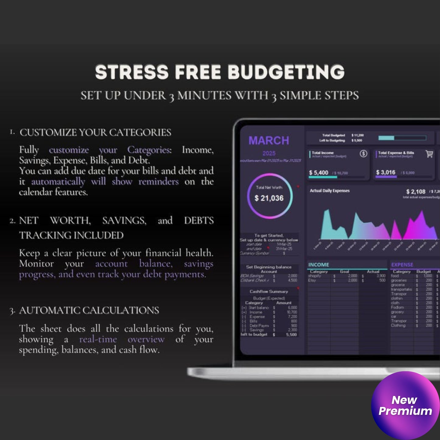 Simple Budget Planner Spreadsheet | Income & Expense Tracker | Google Sheets & Excel | Dashboard, Savings & Debt Tracker