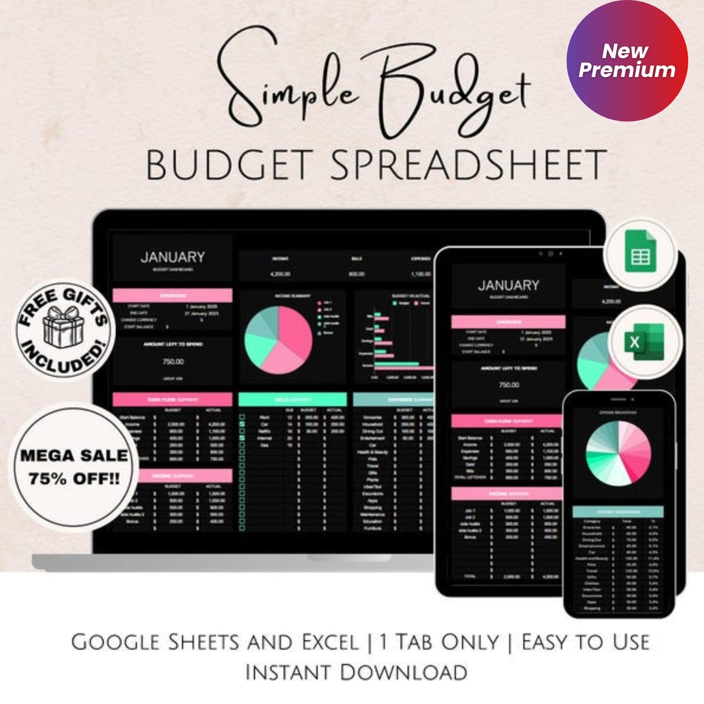 Dark Mode Budget Spreadsheet for Excel & Google Sheets | Monthly, Weekly, Biweekly Income & Expense Tracker | Beginner Paycheck Budget Planner