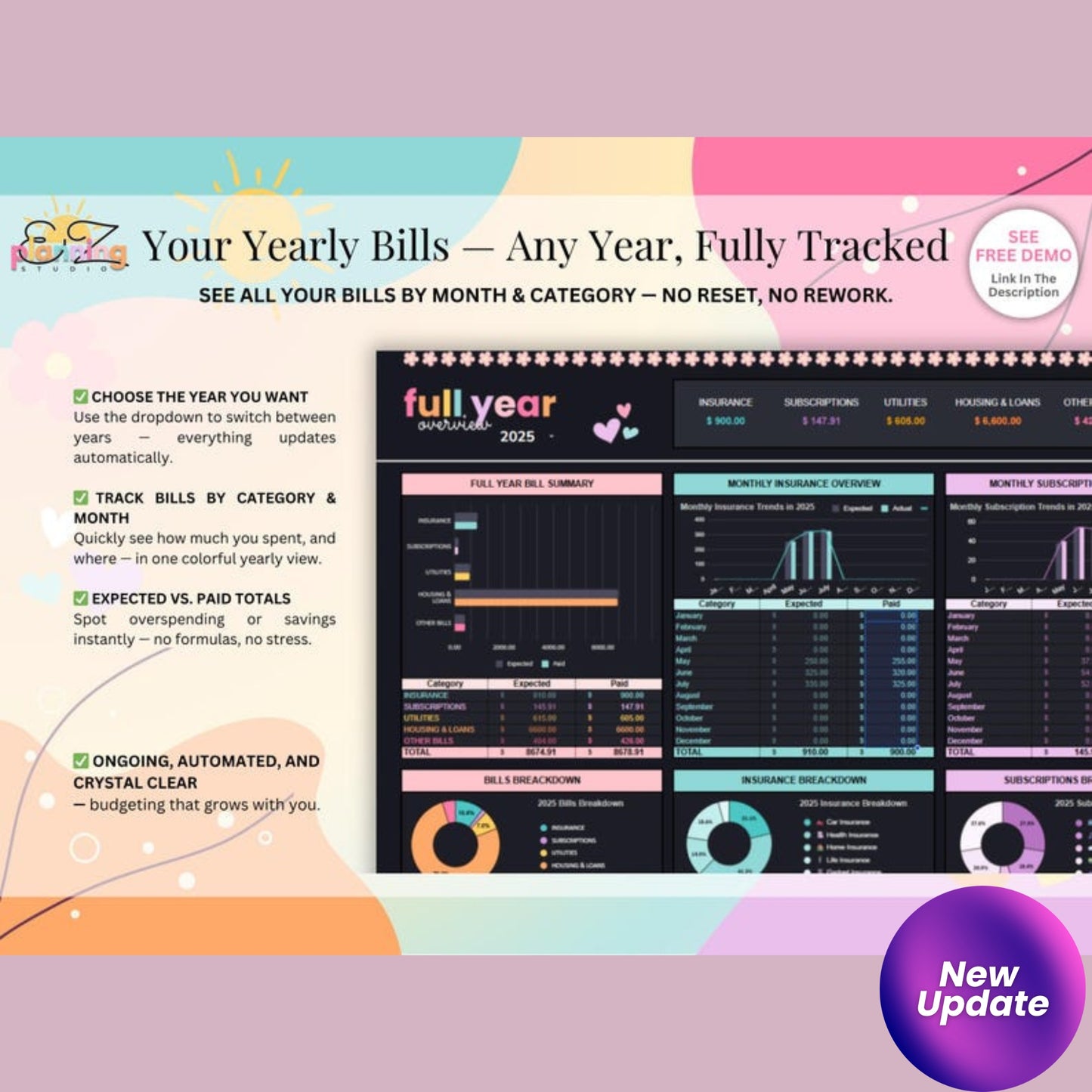 Ongoing Monthly Bill Spreadsheet | Aesthetic Budget Planner for Google Sheets | Automatic Bill Organizer | ADHD-Friendly Digital Finance Tool  📝 Product Description: Stay on top of your bills with this