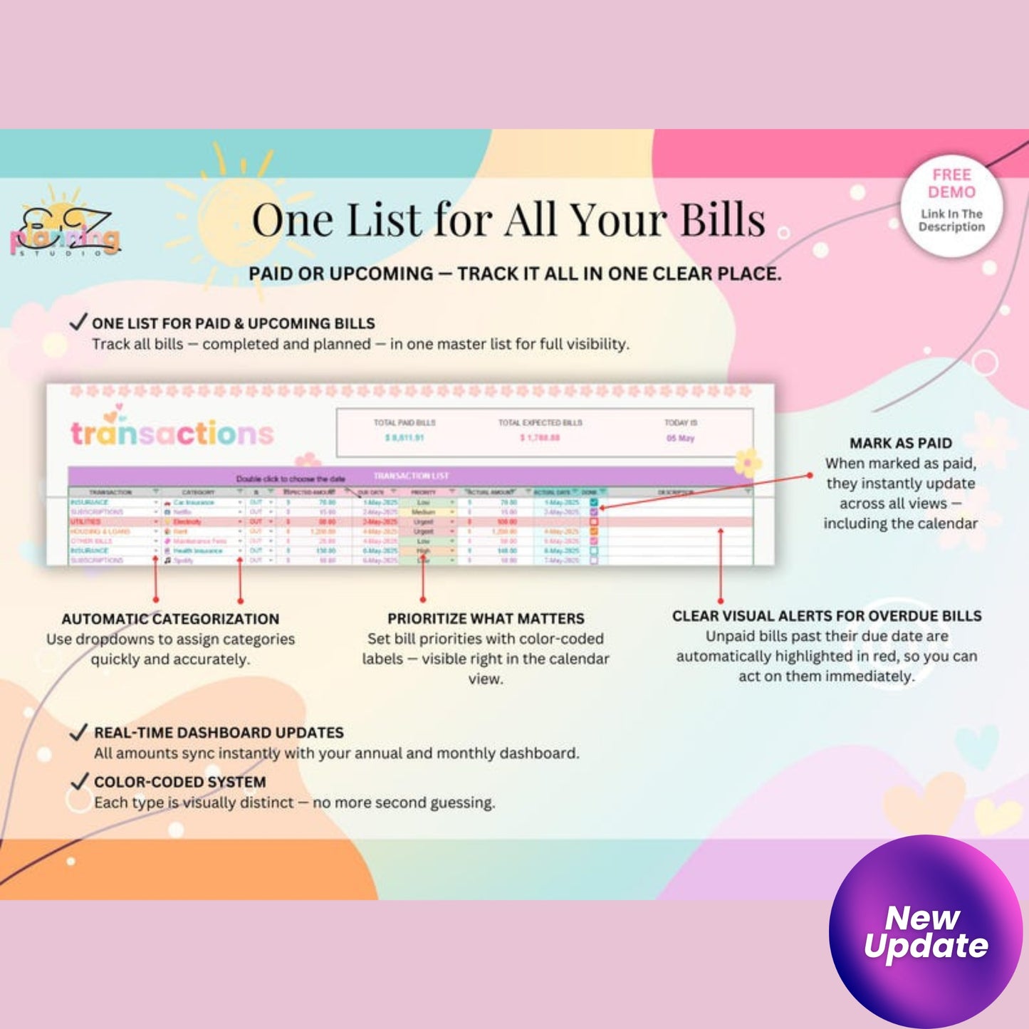 Ongoing Monthly Bill Spreadsheet – Colorful Google Sheets Budget Tracker | No Annual Reset | ADHD & Beginner Friendly