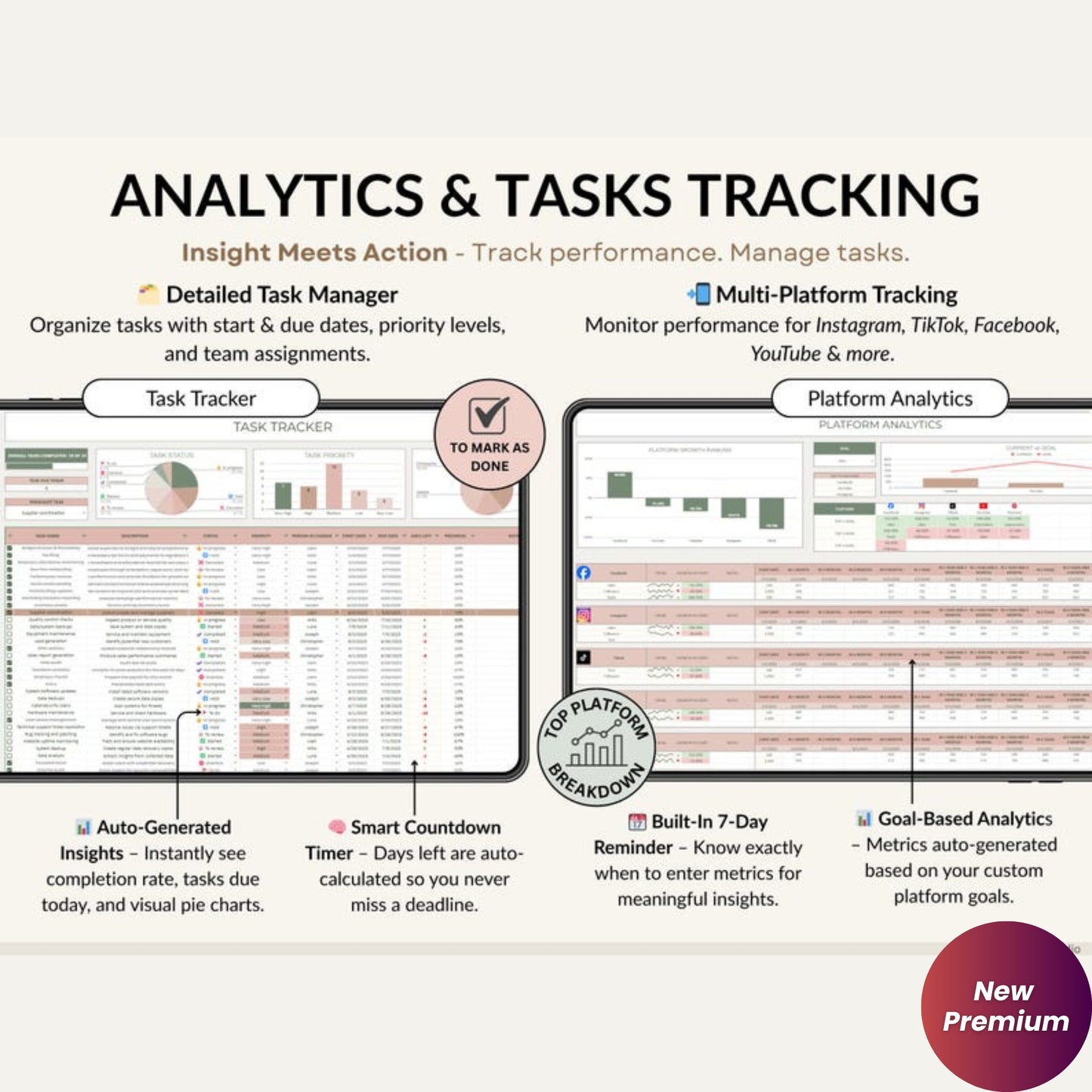 Social Media Content Planner Spreadsheet – Monthly Calendar, Content Tracker & Dashboard | Instagram, TikTok, YouTube | Google Sheets & Excel Template