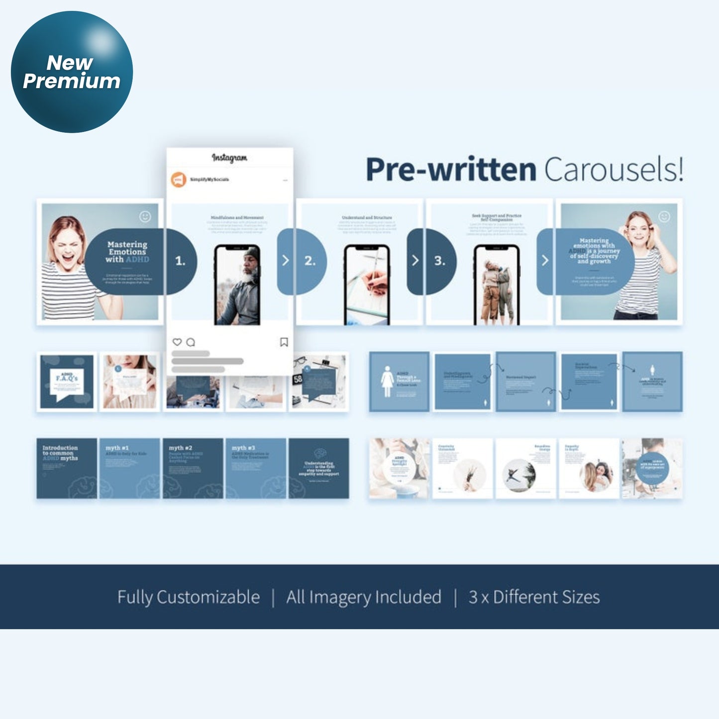 200+ ADHD Instagram Canva Templates – Mental Health Coaching, Therapist & Psychology Social Media Bundle