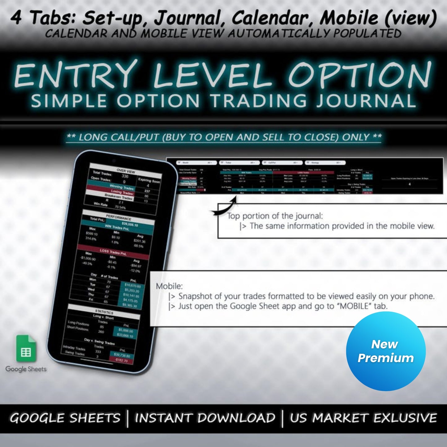 Option Trading Journal Spreadsheet | Google Sheets | Long Call/Put Trades Tracker | Performance & PnL Calendar | Risk Management