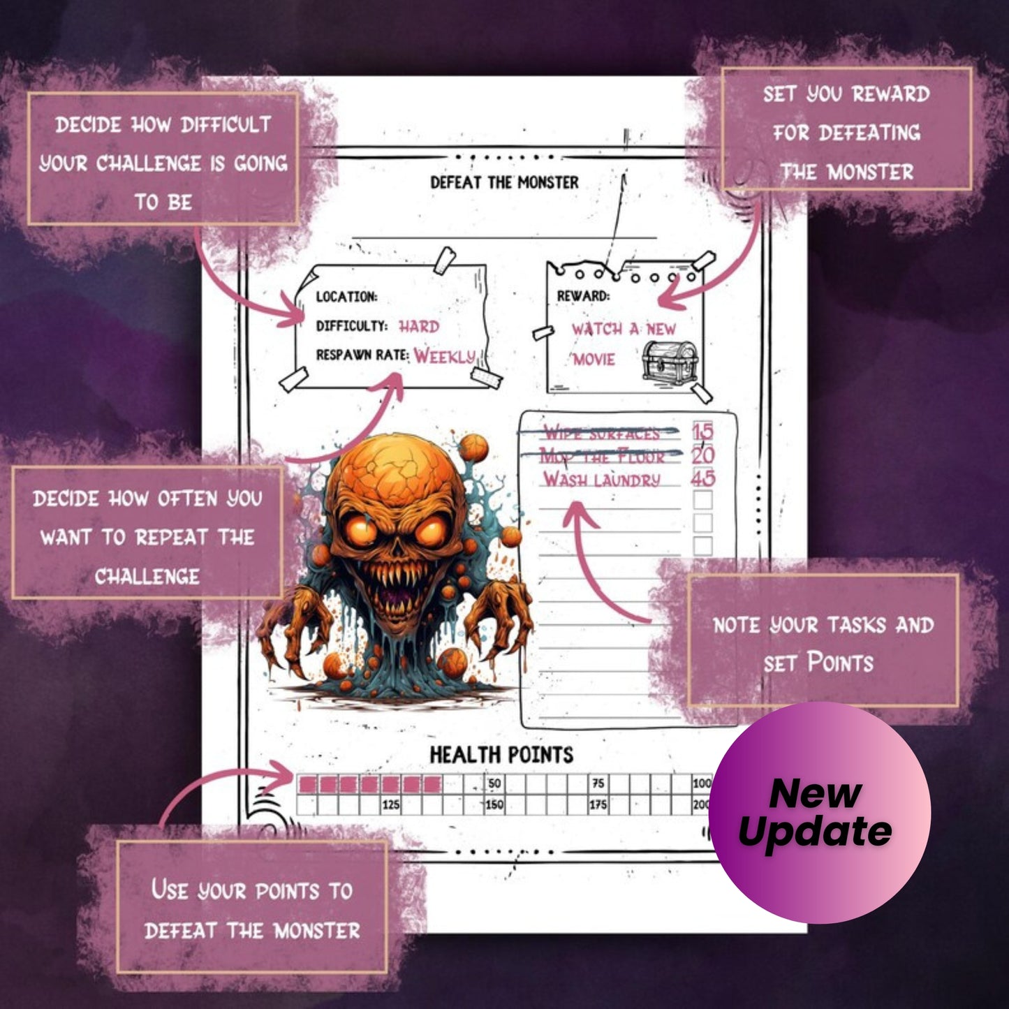 ADHD Cleaning Checklist Game – Printable Chore Challenge for Kids & Adults | Monster Hunt Cleaning Planner | Digital Download PDF