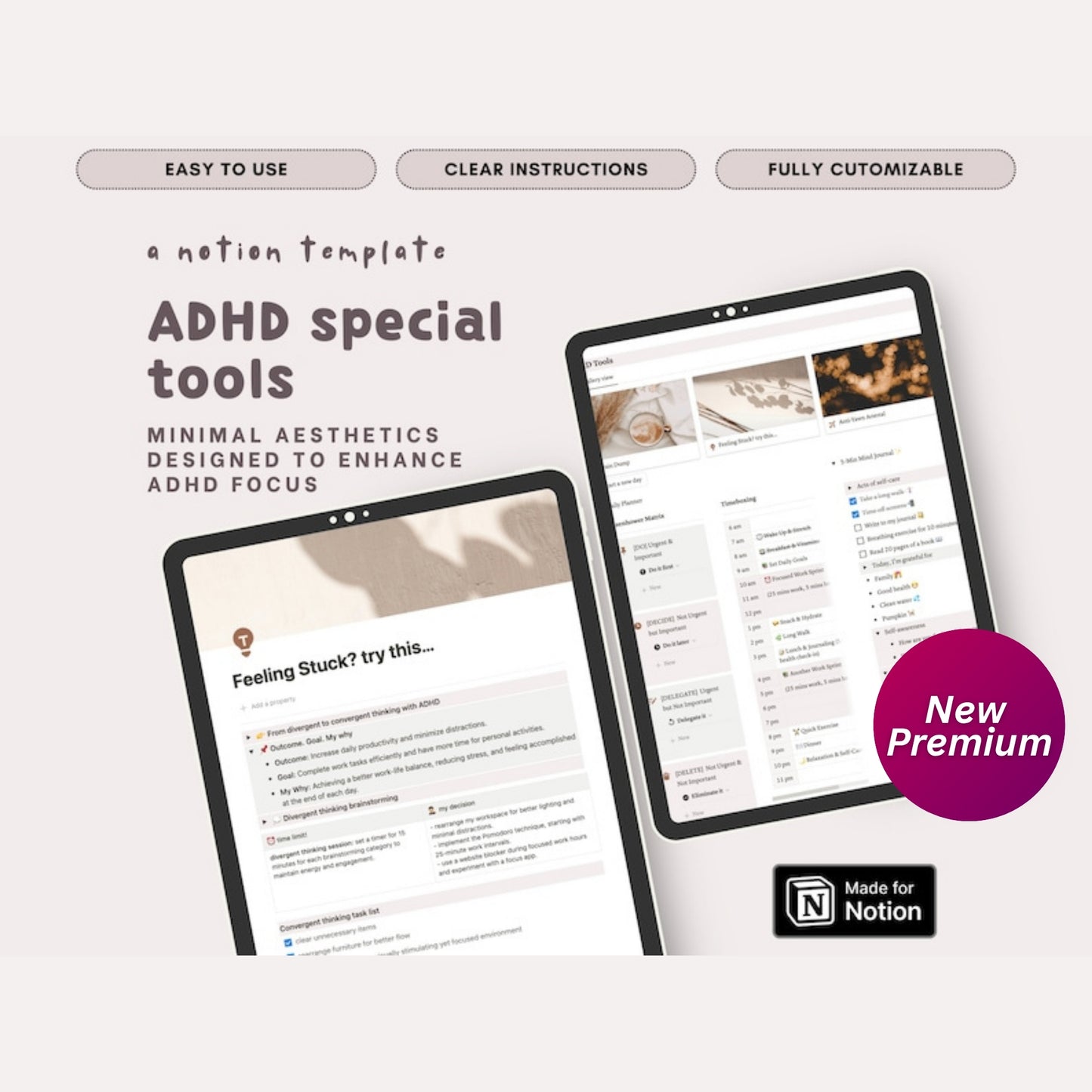 ADHD Notion Template Life Planner – Aesthetic Digital Planner to Improve Focus & Productivity