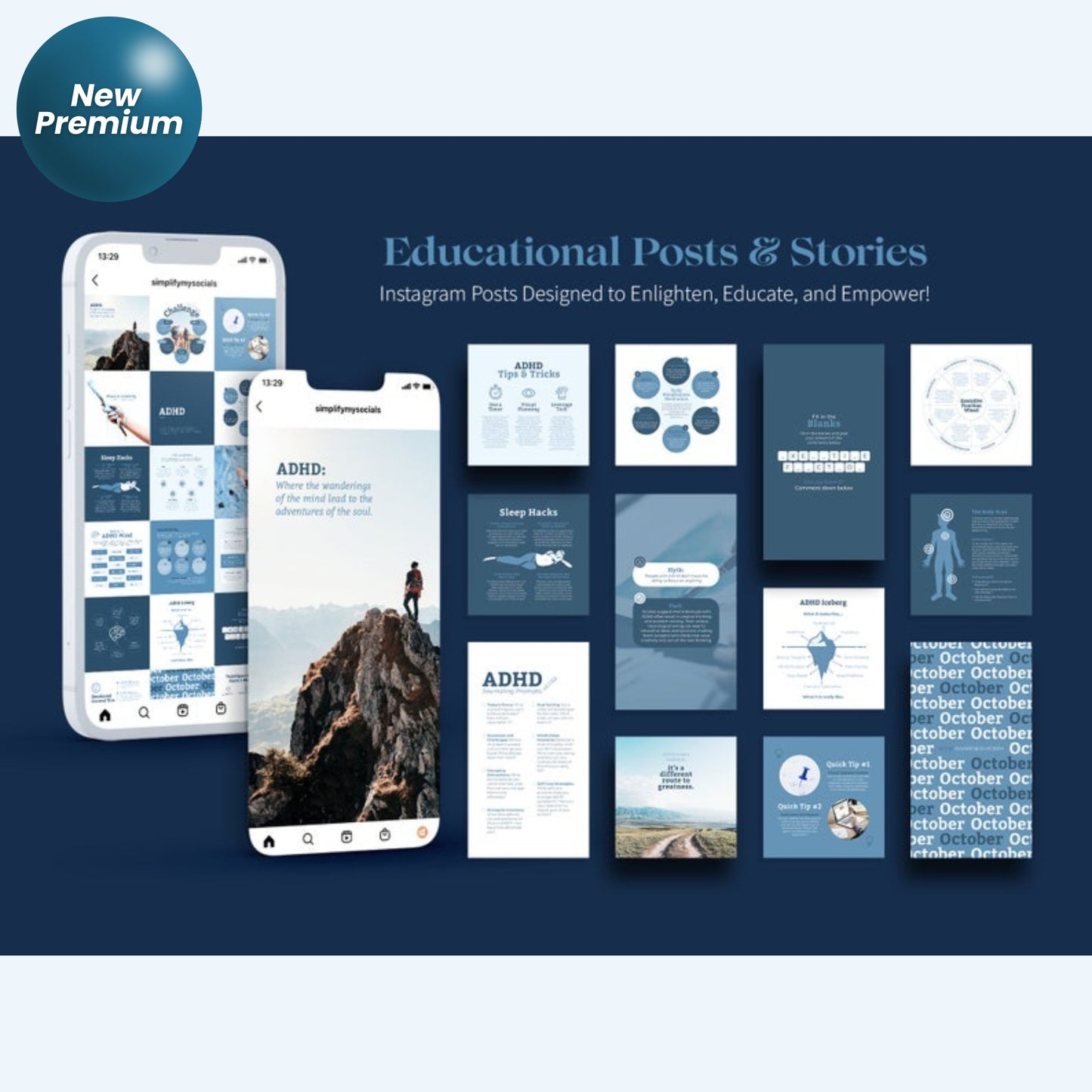200+ ADHD Instagram Canva Templates – Mental Health Coaching, Therapist & Psychology Social Media Bundle