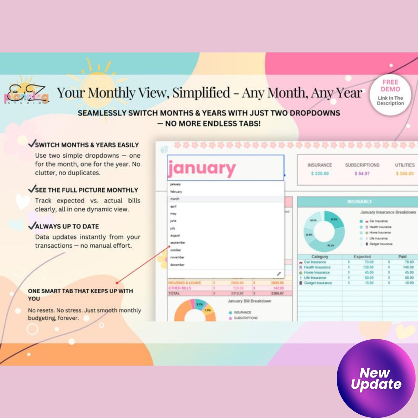 Ongoing Monthly Bill Spreadsheet – Colorful Google Sheets Budget Tracker | No Annual Reset | ADHD & Beginner Friendly