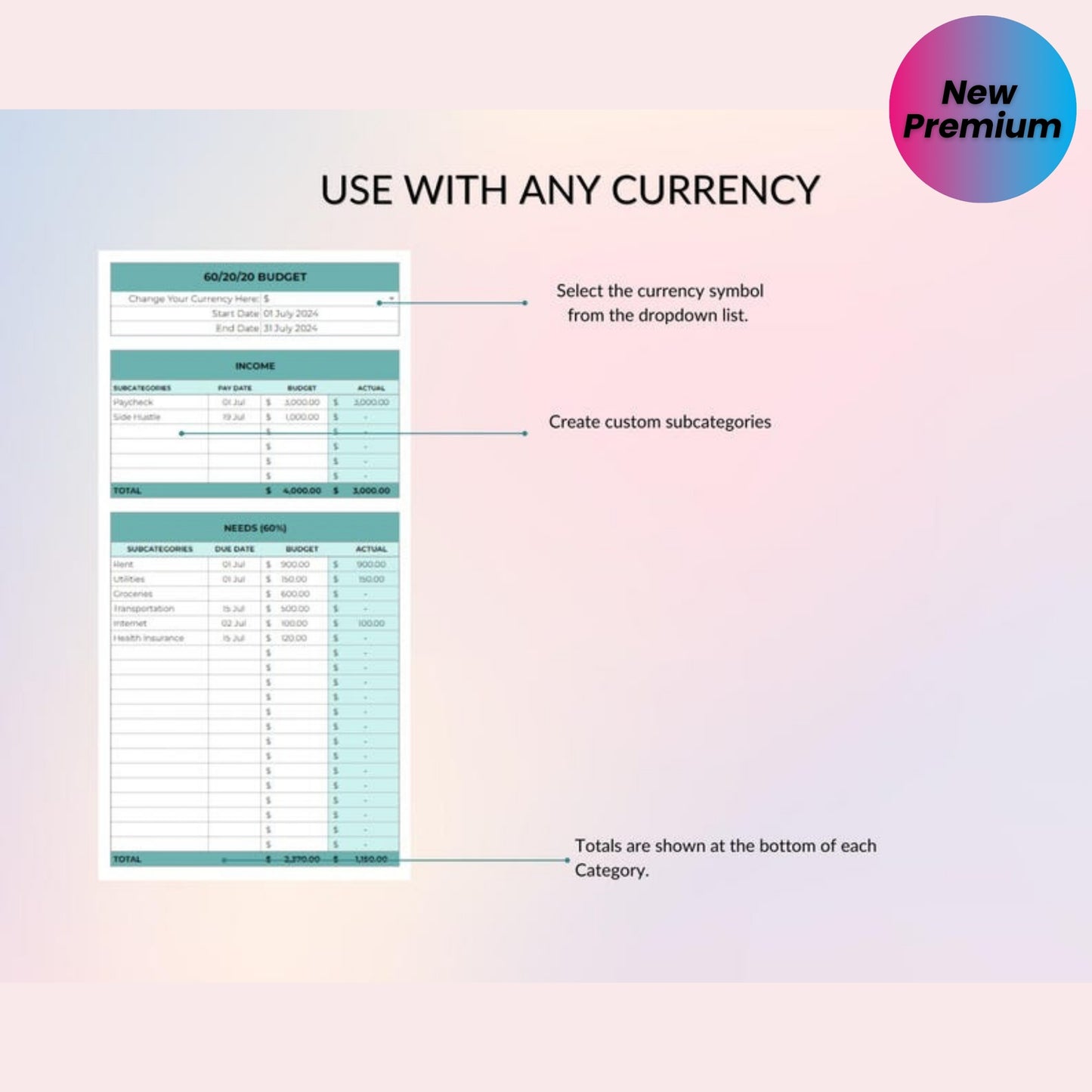 60/20/20 Budget Spreadsheet Excel & Google Sheets | Monthly & Weekly Budget Planner | Savings Tracker Template
