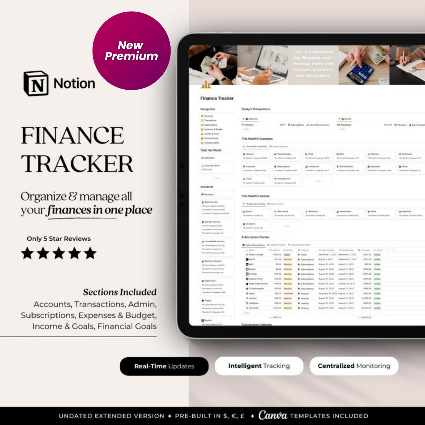 Finance Tracker Notion Template | Personal & Business Financial Planner | Budgeting, Subscriptions, Debt & Income Goals
