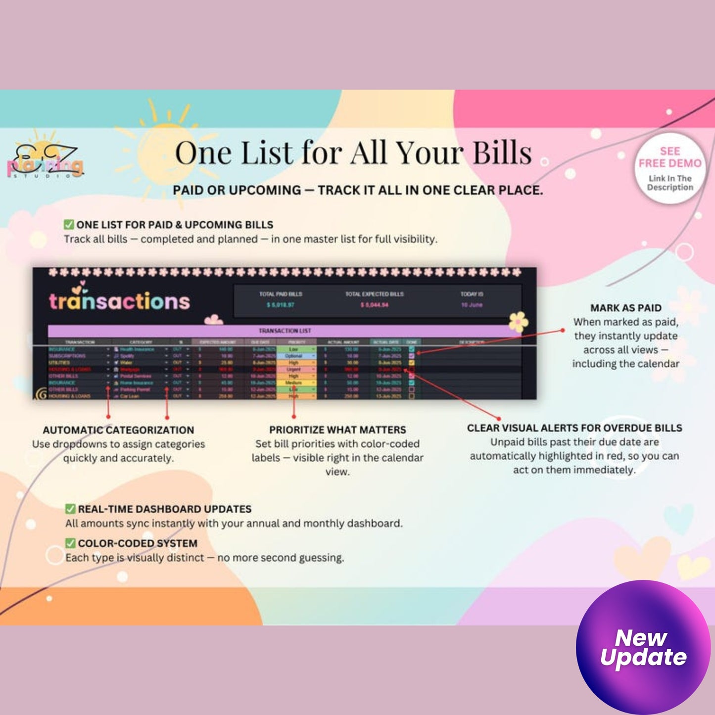 Ongoing Monthly Bill Spreadsheet | Aesthetic Budget Planner for Google Sheets | Automatic Bill Organizer | ADHD-Friendly Digital Finance Tool  📝 Product Description: Stay on top of your bills with this