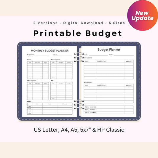 Monthly Budget Printable Planner | Digital Budget Binder PDF | Minimalist Budget Log & Tracker | 16 Pages | 5 Sizes