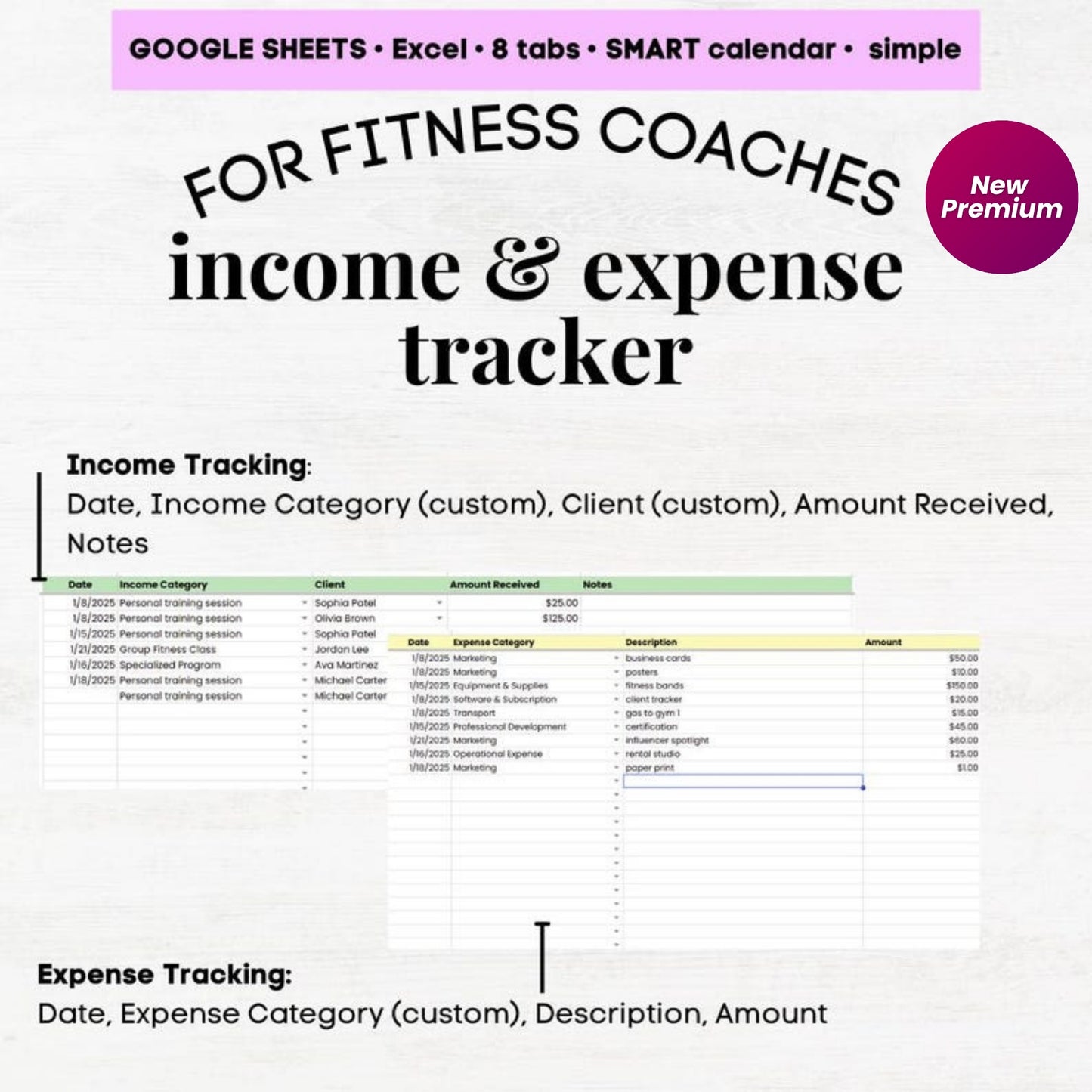 Personal Trainer Client Tracker Calendar | Fitness Coach Spreadsheet | Personal Training Excel & Google Sheets Template