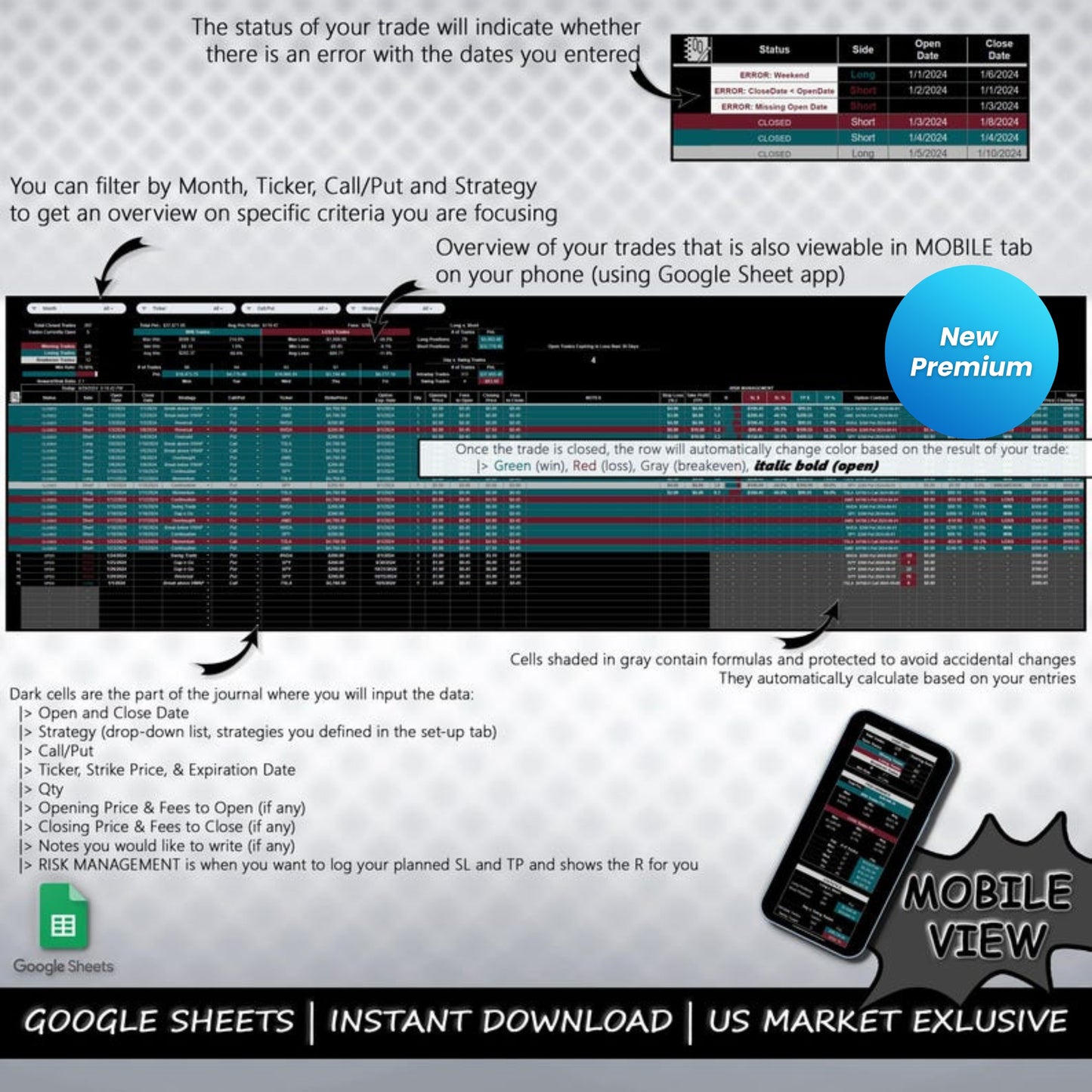 Option Trading Journal Spreadsheet | Google Sheets | Long Call/Put Trades Tracker | Performance & PnL Calendar | Risk Management