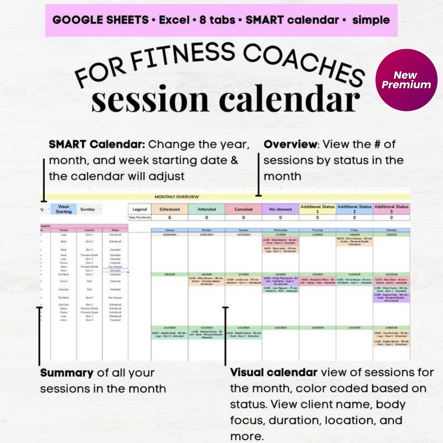 Personal Trainer Client Tracker Calendar | Fitness Coach Spreadsheet | Personal Training Excel & Google Sheets Template