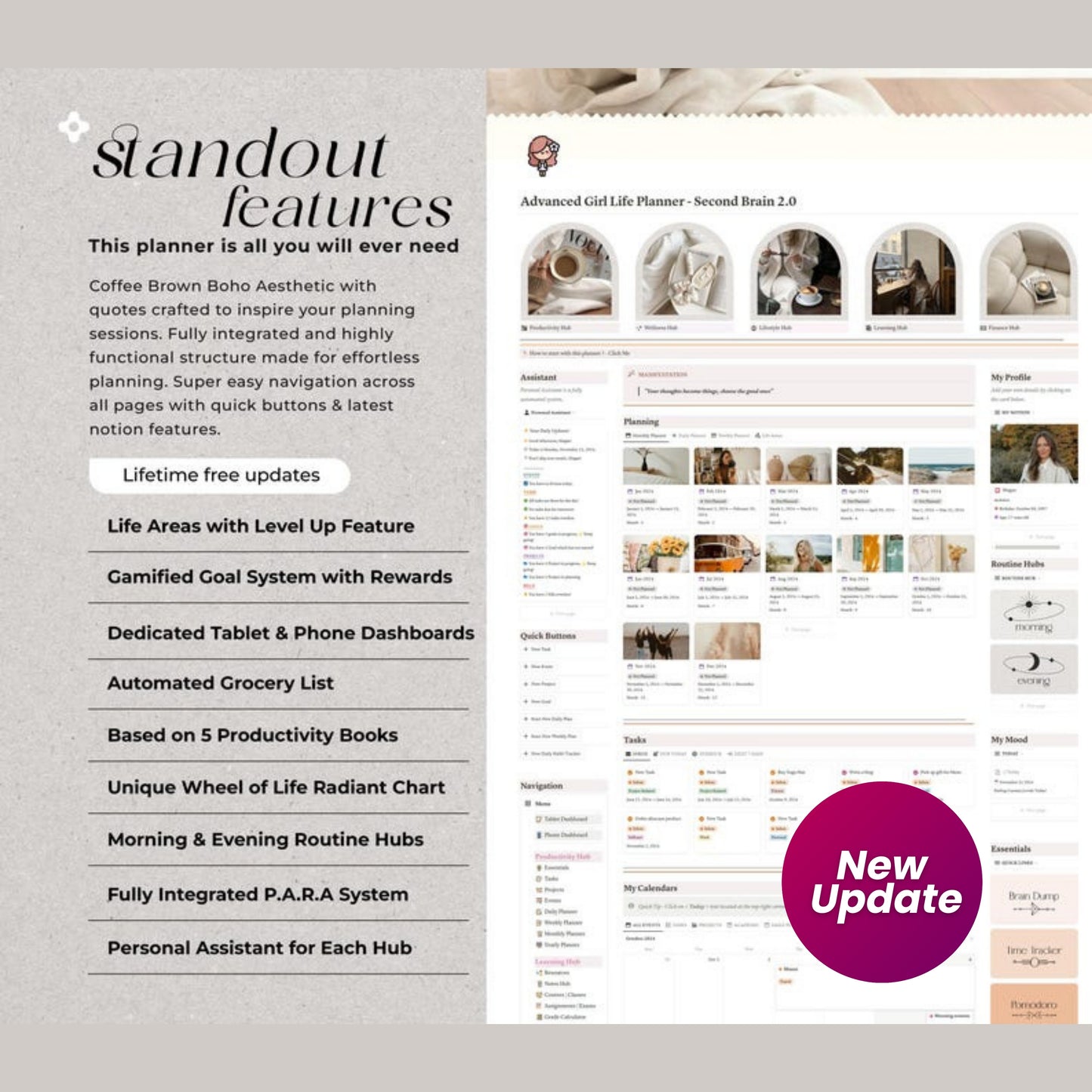 Notion Advanced Life Planner | ADHD Adult Digital Planner | That Girl Aesthetic Notion Template | Second Brain 2.0 | 2025 Productivity Dashboard