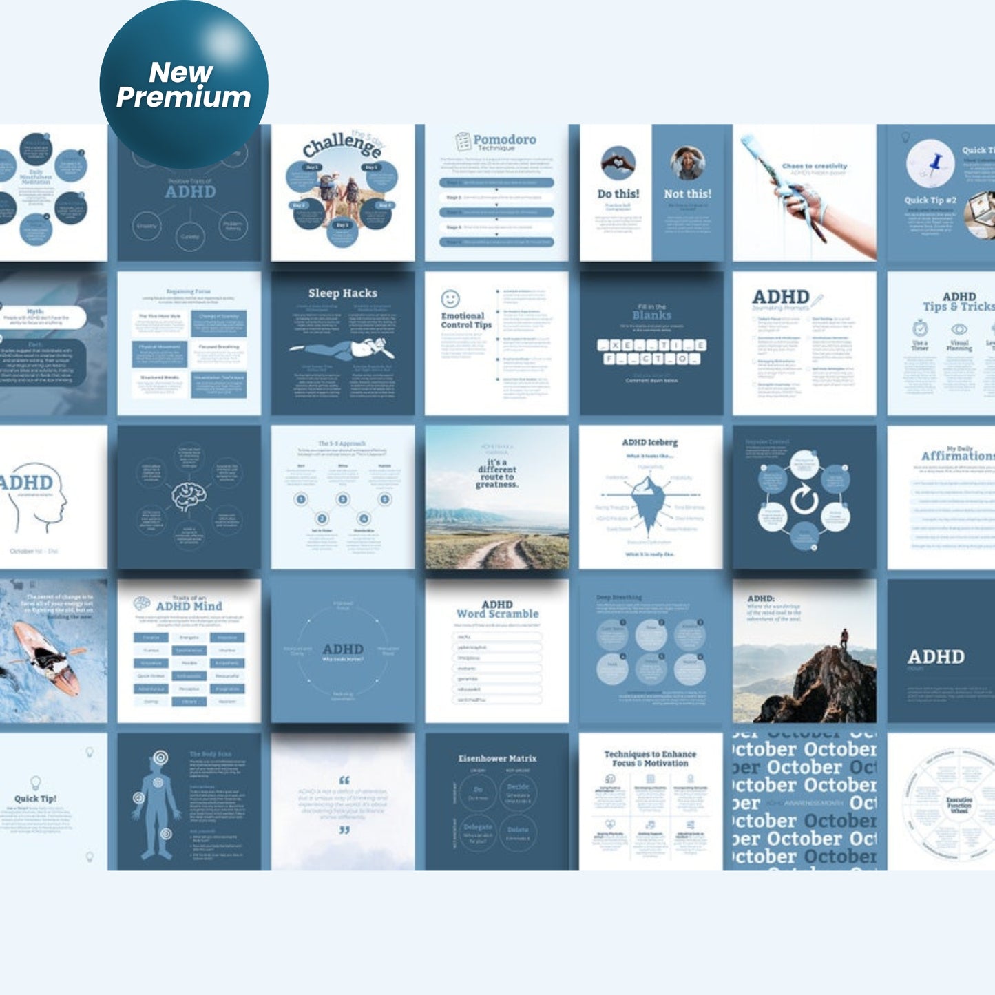 200+ ADHD Instagram Canva Templates – Mental Health Coaching, Therapist & Psychology Social Media Bundle