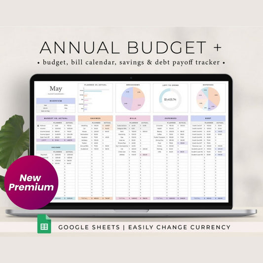 Annual Budget Spreadsheet | Google Sheets Budget Template | Monthly & Yearly Budget Planner | Bill Calendar | Sinking Funds & Debt Tracker