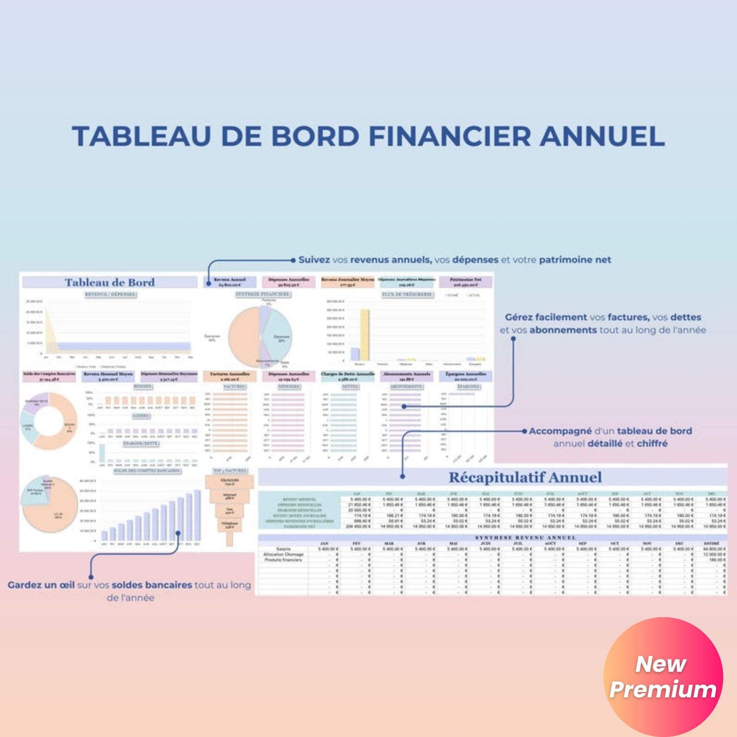 Annual Budget Spreadsheet (French) – Google Sheets & Excel | Monthly, Biweekly, 50/30/20 Budget Planner, Bills, Debt, Net Worth, Investment Tracker