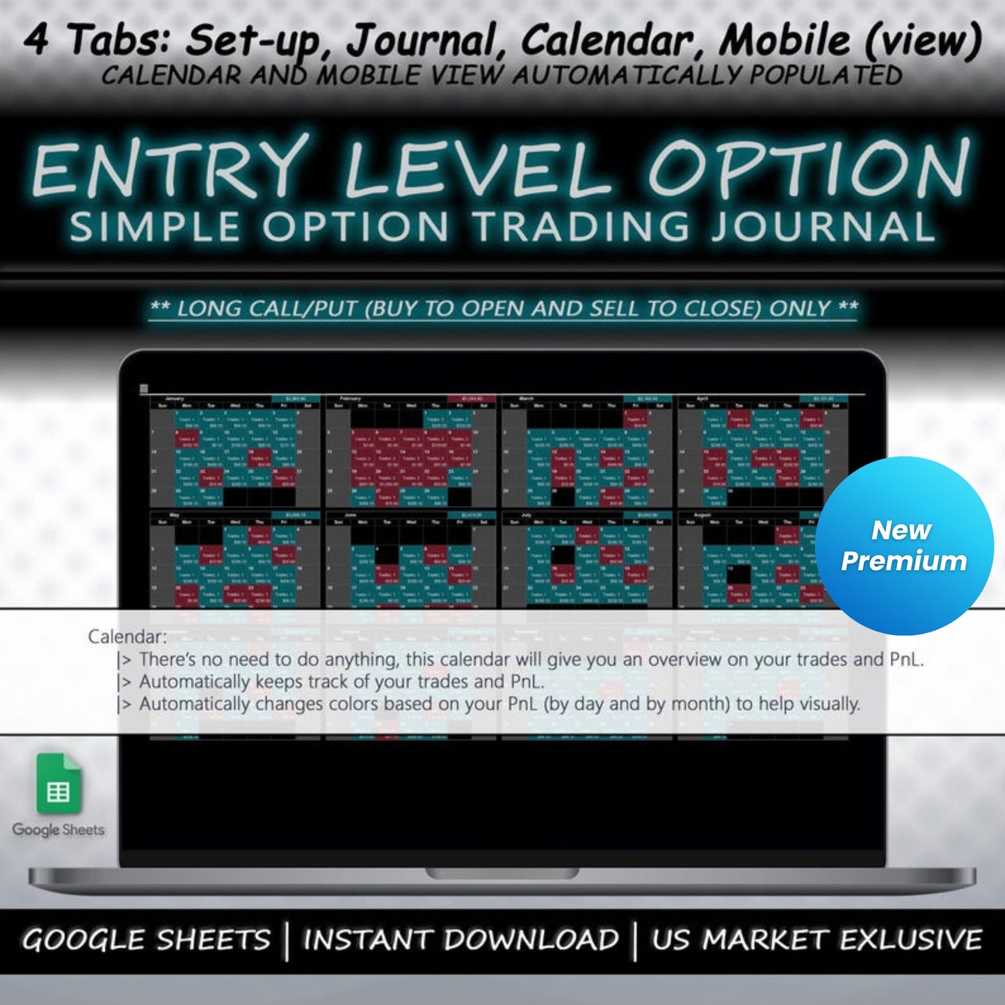 Option Trading Journal Spreadsheet | Google Sheets | Long Call/Put Trades Tracker | Performance & PnL Calendar | Risk Management
