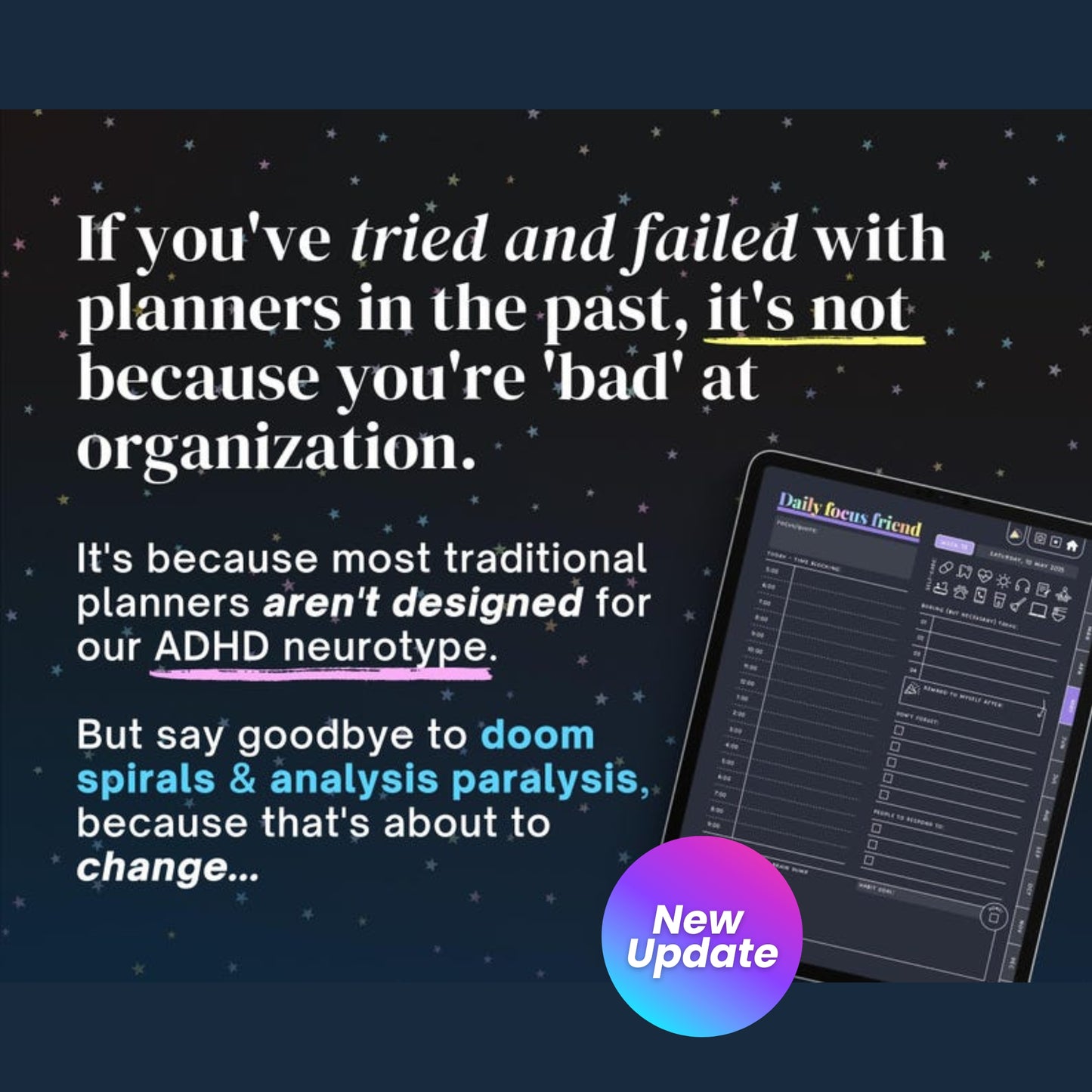 ADHD Digital Planner 2025 for iPad, Android & Goodnotes – Dark Rainbow Theme | Daily Planner, Habit Tracker & Self-Care Tools