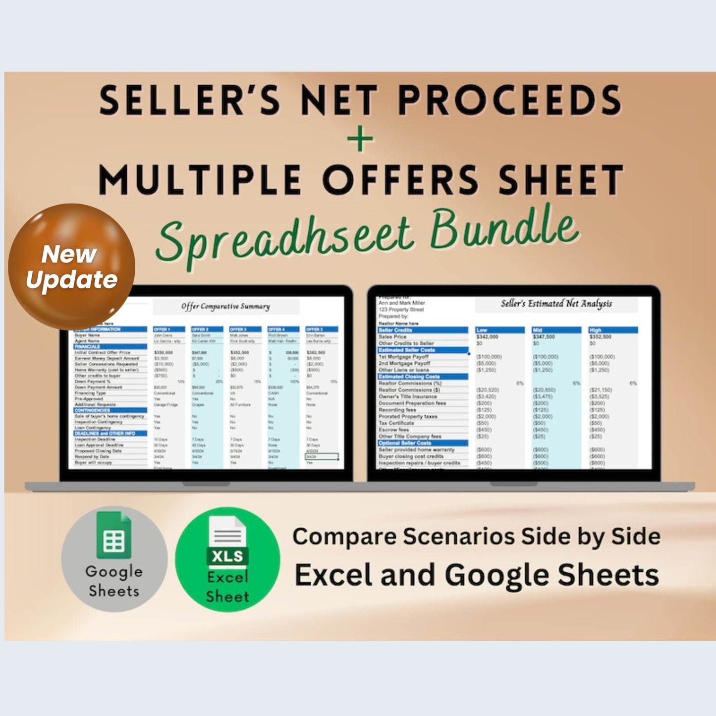 Seller's Net Sheet + Multiple Offers Spreadsheet Bundle | Real Estate Closing Proceeds & Offer Comparison Tool