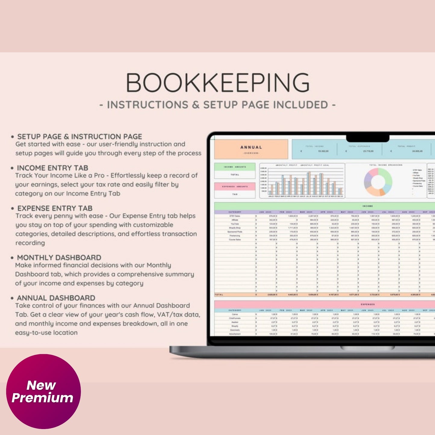 Easy Bookkeeping Template for Small Business | Excel Bookkeeping Spreadsheet | Accounting Ledger | Tax & Profit Tracker