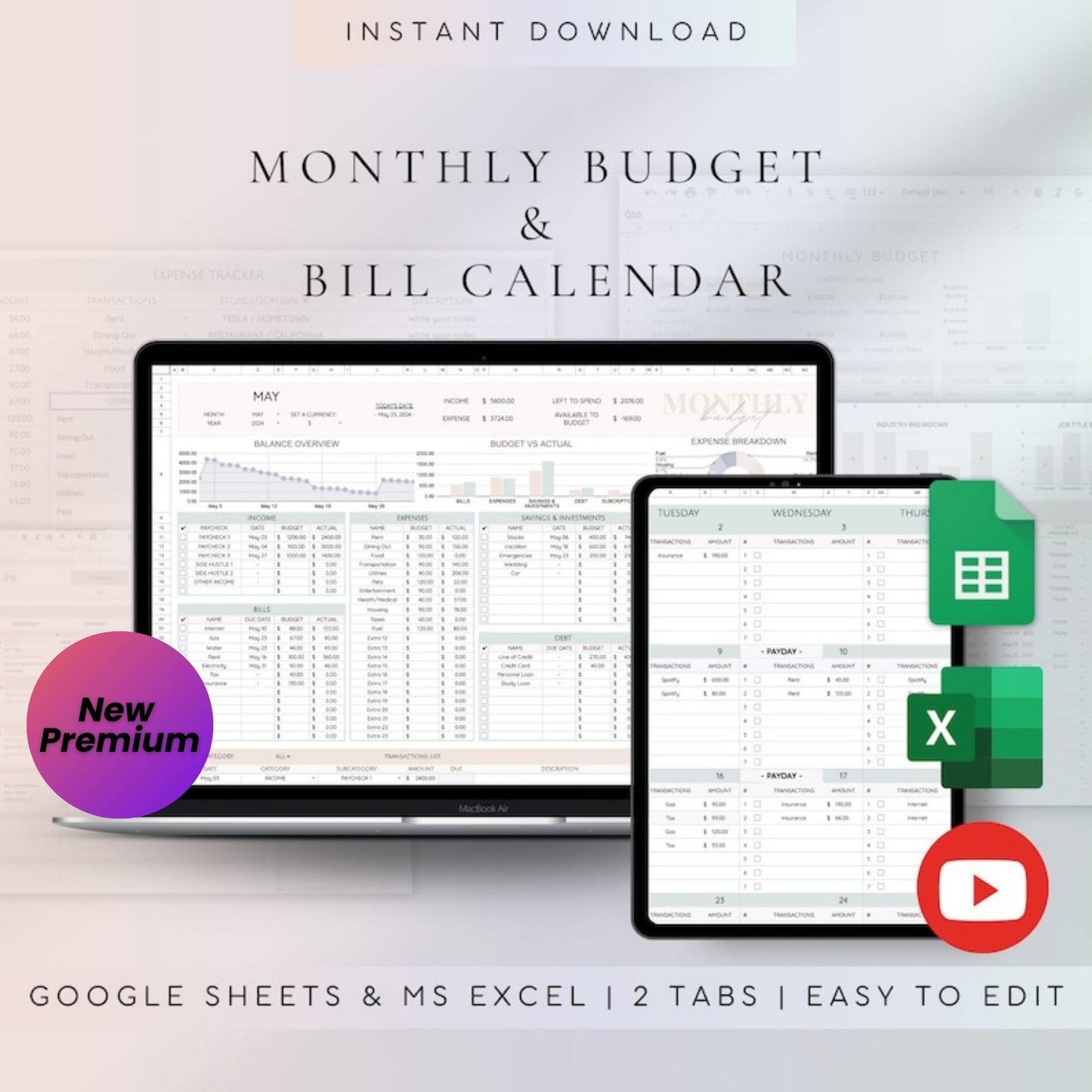 Budget Tracker Google Sheets and Excel | Digital Budget Planner | Bill Calendar | Monthly Budget Spreadsheet Template | Finance Tracker