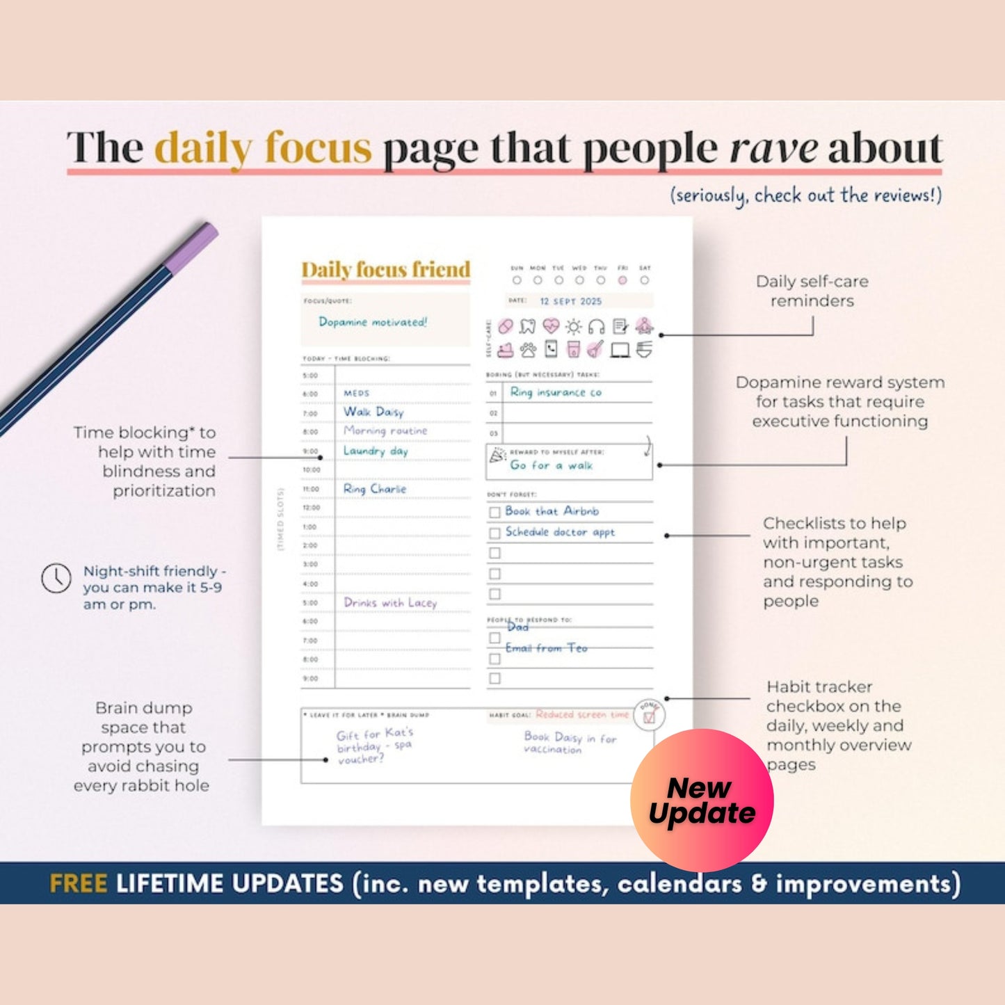 ADHD Printable Planner (Created by an ADHDer) – 205-Page Adult ADHD Daily Organizer, Self-Care & Growth Journal – 2025 & Beyond