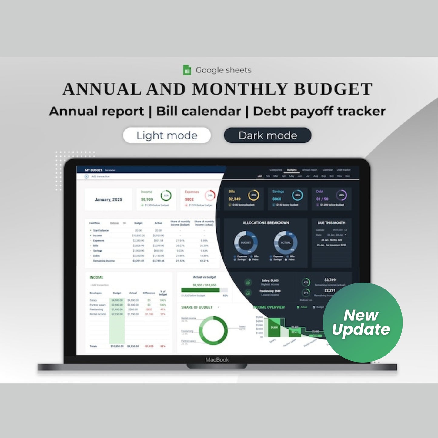 Annual & Monthly Budget Planner | Google Sheets Spreadsheet | Personal Finance Tracker | Income, Expenses, Bills, Savings, Debt Payoff | Digital Download