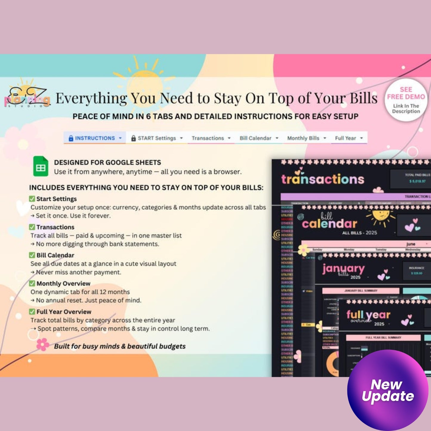 Ongoing Monthly Bill Spreadsheet | Aesthetic Budget Planner for Google Sheets | Automatic Bill Organizer | ADHD-Friendly Digital Finance Tool  📝 Product Description: Stay on top of your bills with this