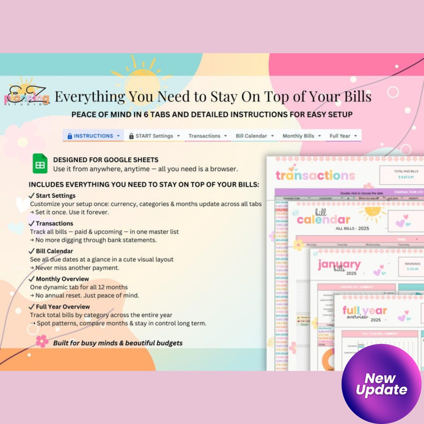 Ongoing Monthly Bill Spreadsheet – Colorful Google Sheets Budget Tracker | No Annual Reset | ADHD & Beginner Friendly