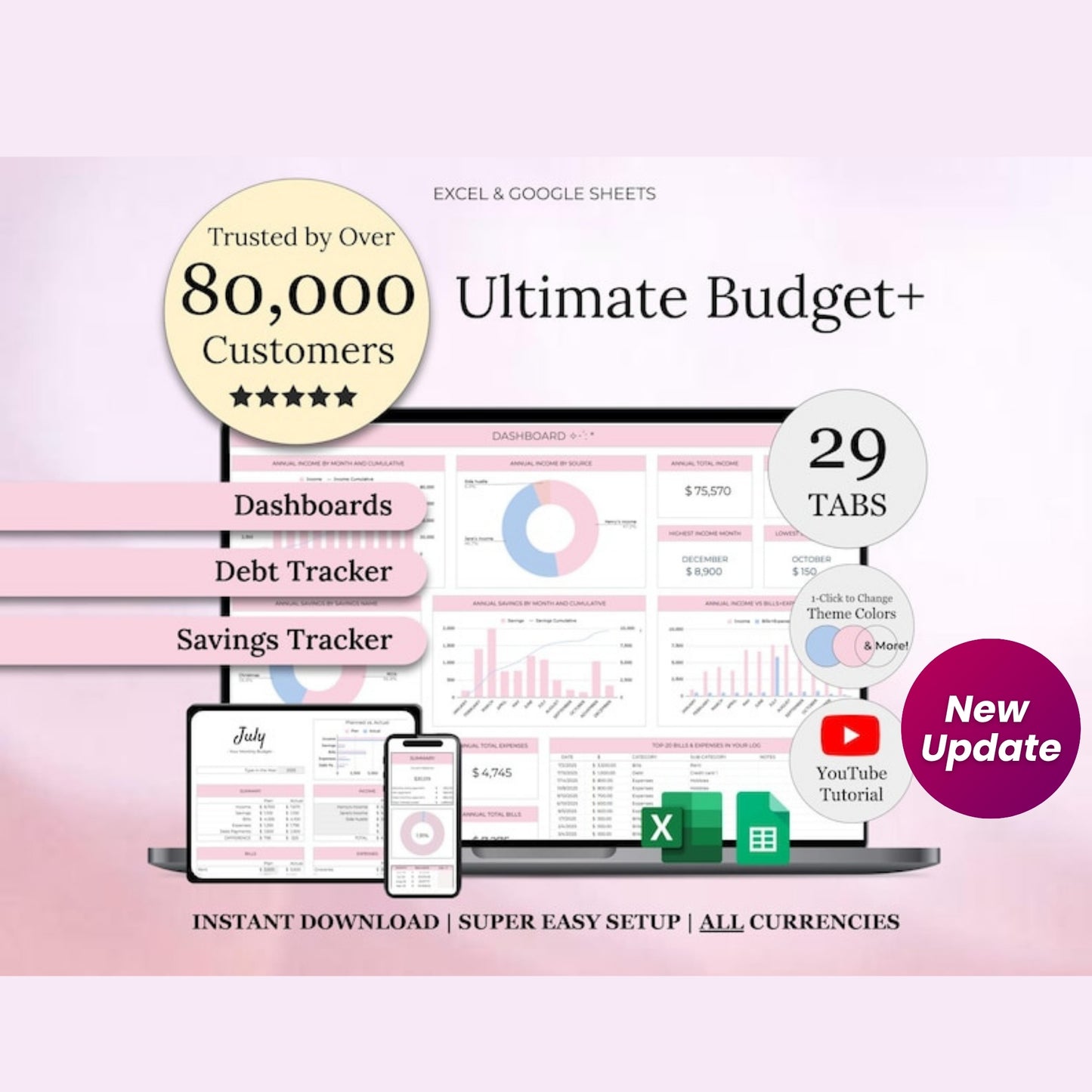 Ultimate Annual Budget Spreadsheet | Excel & Google Sheets Template | Monthly Budget, Debt & Savings Tracker