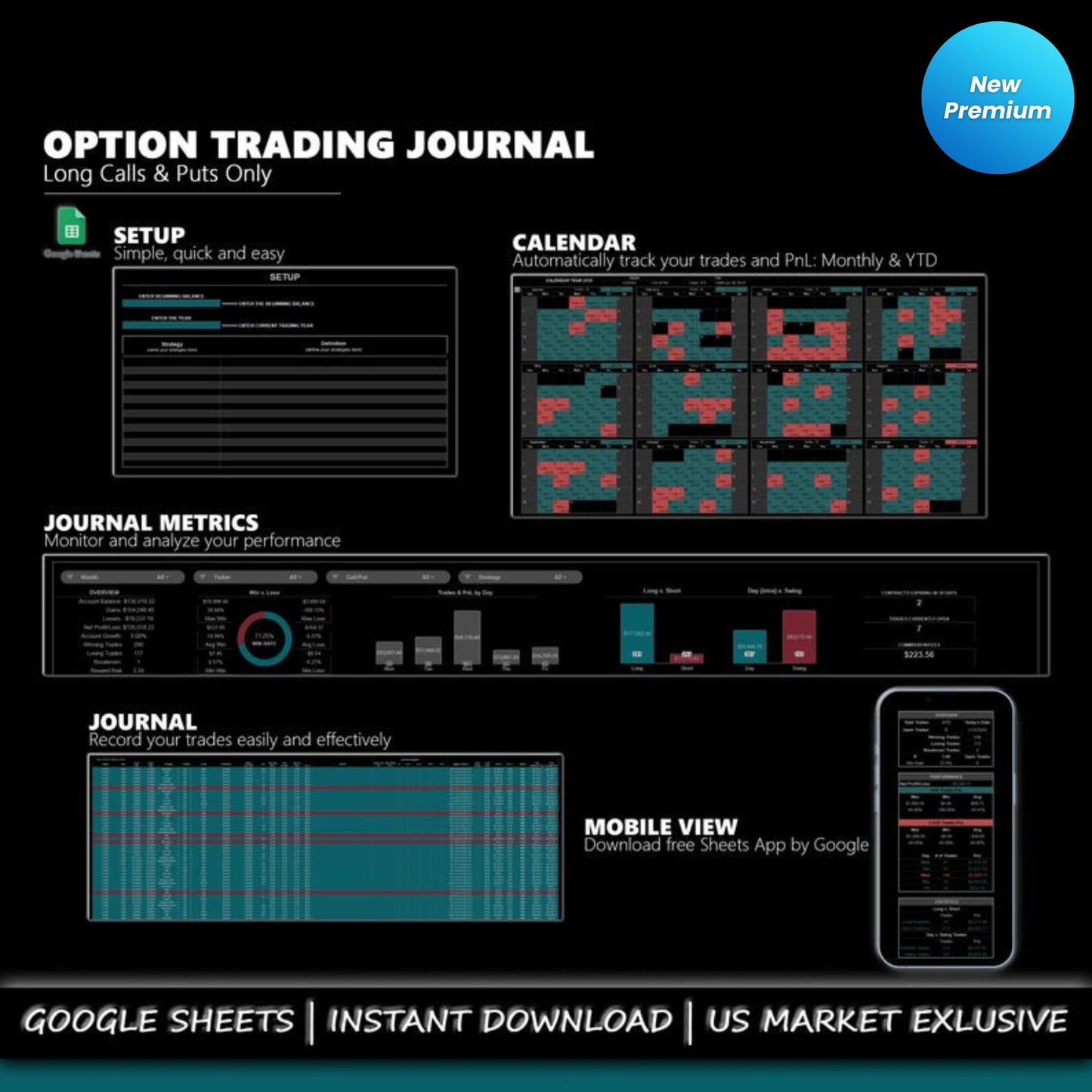 Option Trading Journal Spreadsheet | Google Sheets | Long Call/Put Trades Tracker | Performance & PnL Calendar | Risk Management