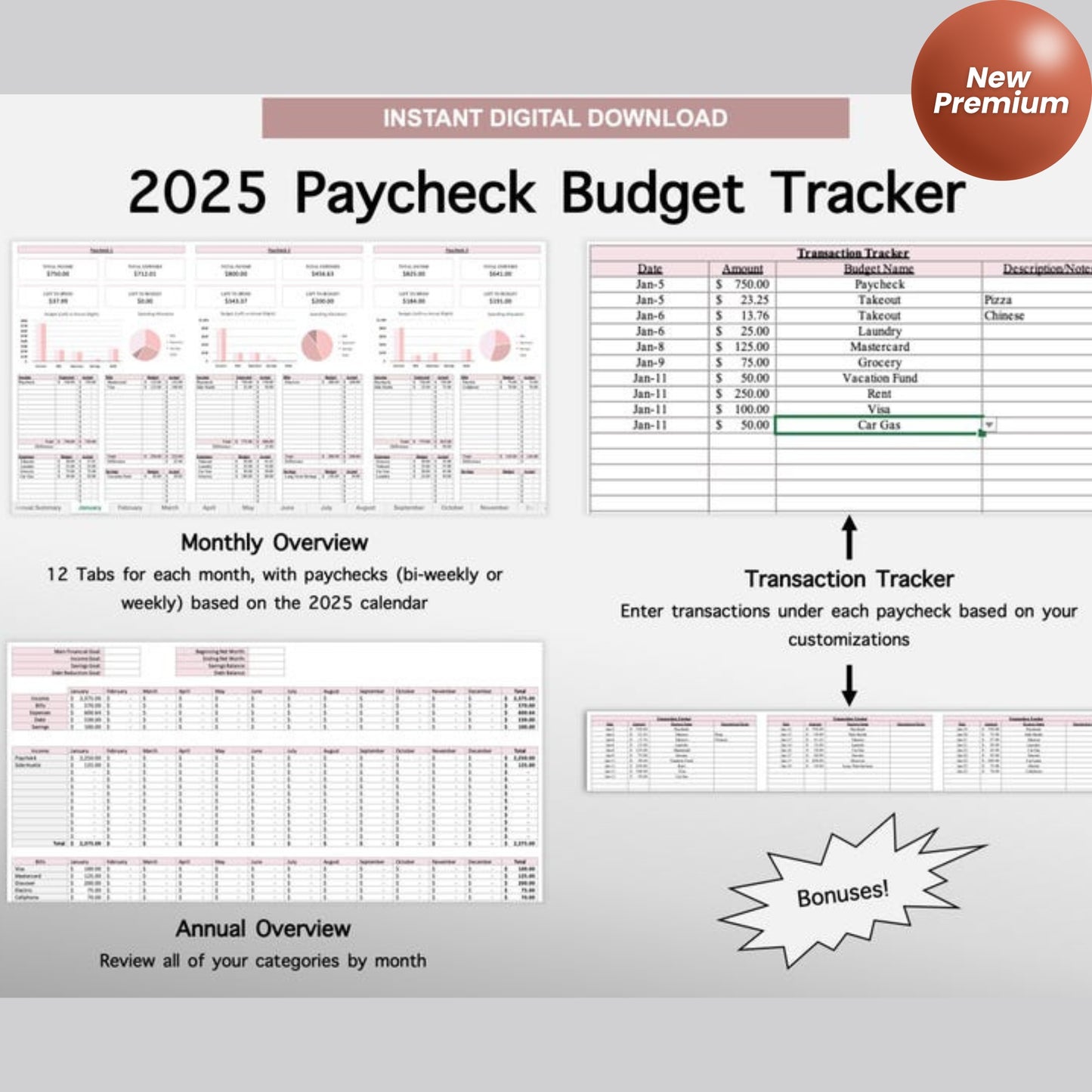 Annual Budget Google Sheets & Excel Spreadsheet | Monthly, Weekly, Biweekly Paycheck Budget Planner, Debt Tracker, Budgeting Bundle