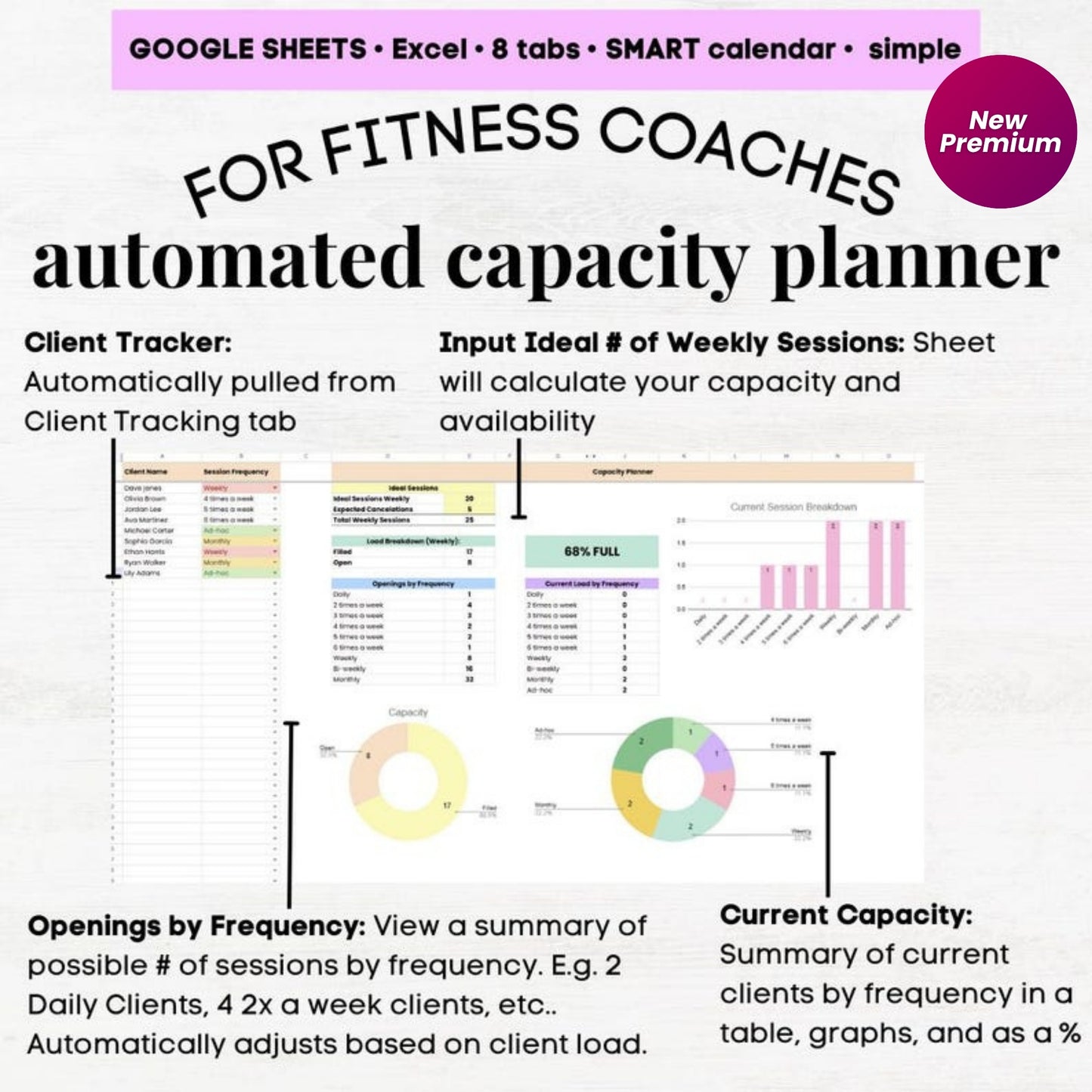 Personal Trainer Client Tracker Calendar | Fitness Coach Spreadsheet | Personal Training Excel & Google Sheets Template