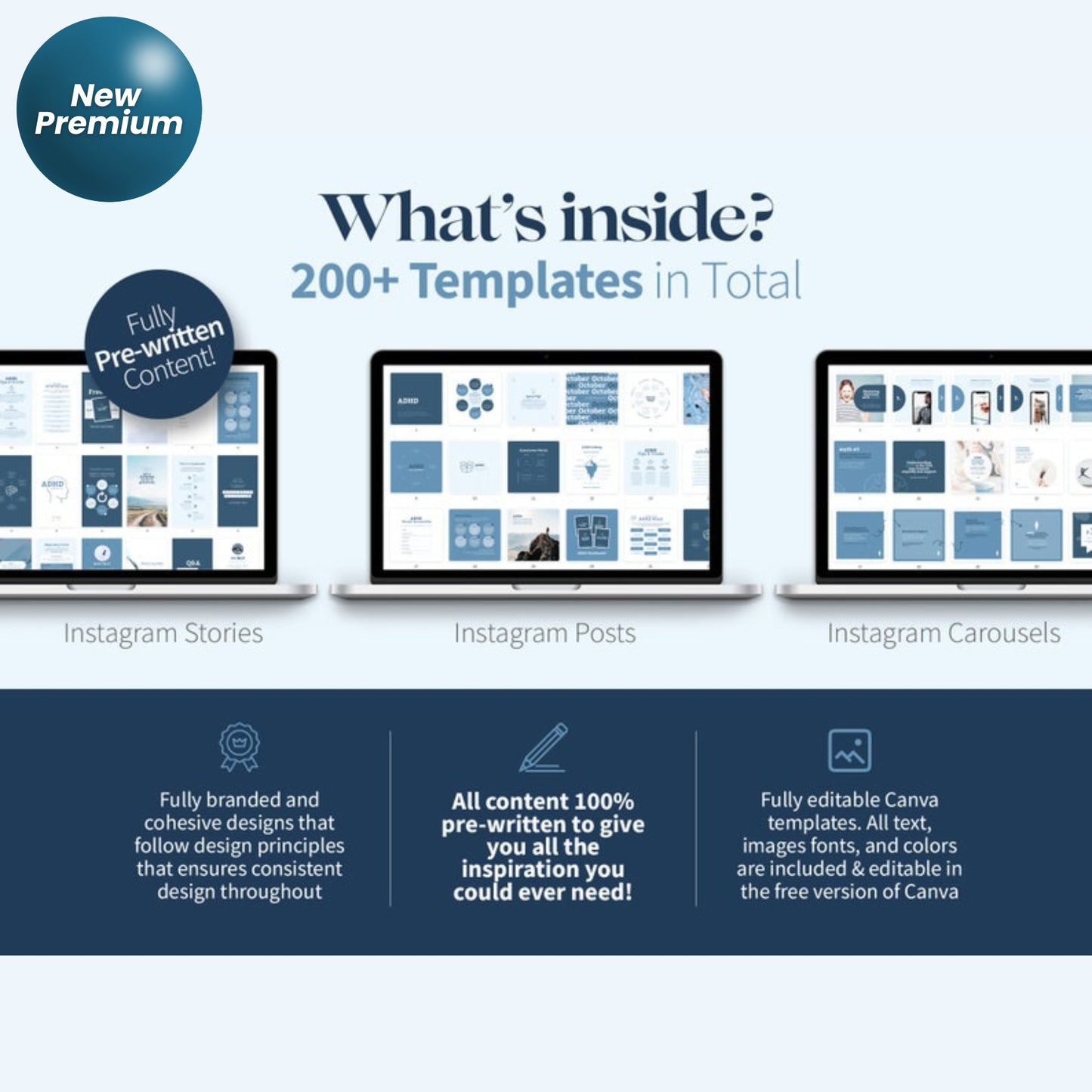 200+ ADHD Instagram Canva Templates – Mental Health Coaching, Therapist & Psychology Social Media Bundle