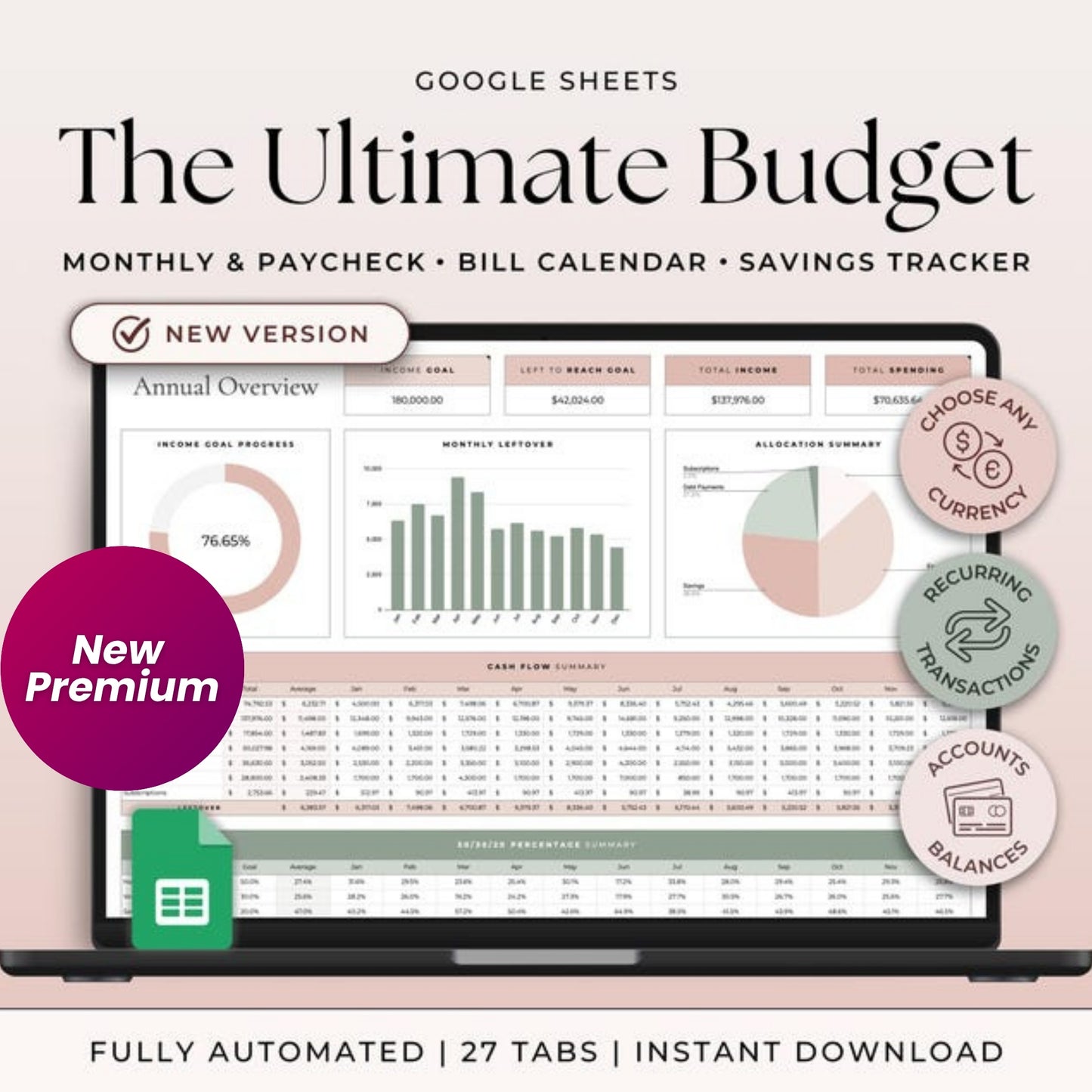 Ultimate Annual Budget Spreadsheet | Google Sheets Budget Template | Monthly Budget, Paycheck Tracker, Bill Calendar & 50/30/20 Planner