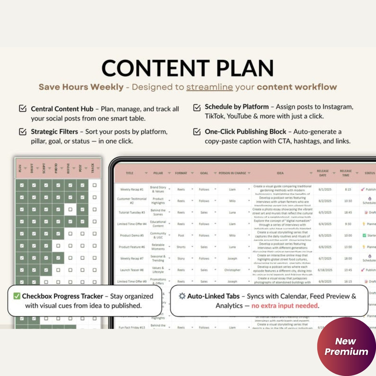 Social Media Content Planner Spreadsheet – Monthly Calendar, Content Tracker & Dashboard | Instagram, TikTok, YouTube | Google Sheets & Excel Template