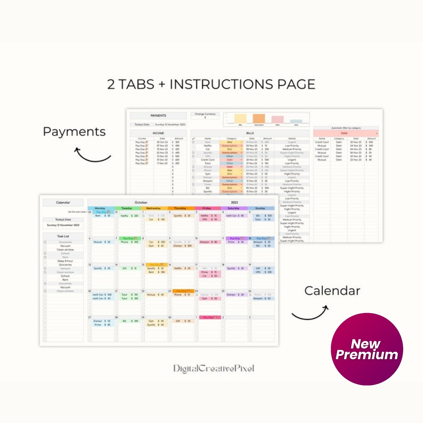 Bill Tracker Google Sheets | Monthly Calendar | Weekly Budget Spreadsheet | Financial Planner | Invoice Template | To Do List