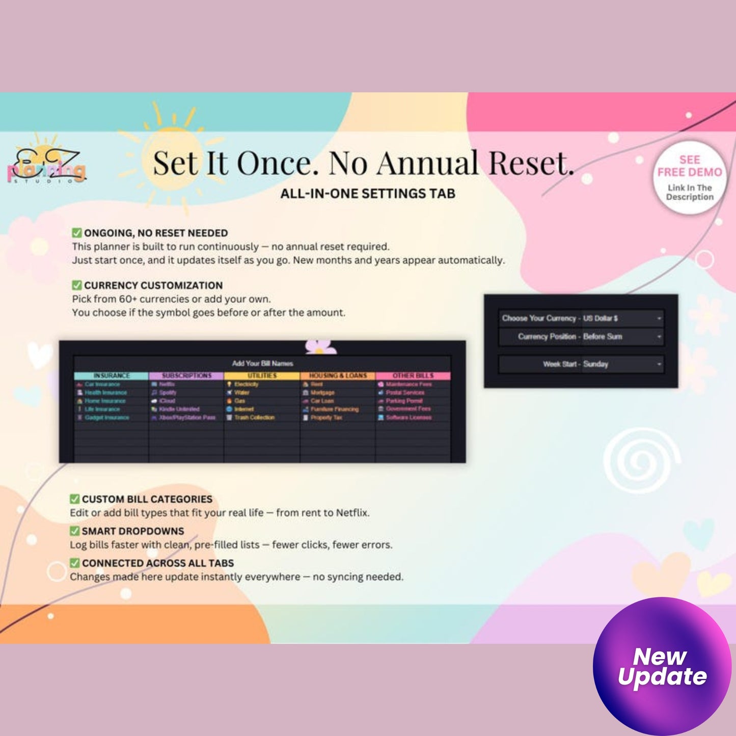 Ongoing Monthly Bill Spreadsheet | Aesthetic Budget Planner for Google Sheets | Automatic Bill Organizer | ADHD-Friendly Digital Finance Tool  📝 Product Description: Stay on top of your bills with this