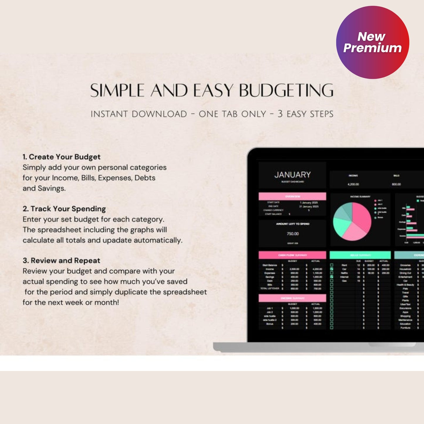 Dark Mode Budget Spreadsheet for Excel & Google Sheets | Monthly, Weekly, Biweekly Income & Expense Tracker | Beginner Paycheck Budget Planner