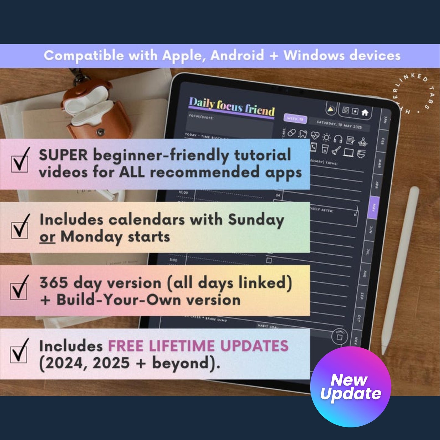 ADHD Digital Planner 2025 for iPad, Android & Goodnotes – Dark Rainbow Theme | Daily Planner, Habit Tracker & Self-Care Tools